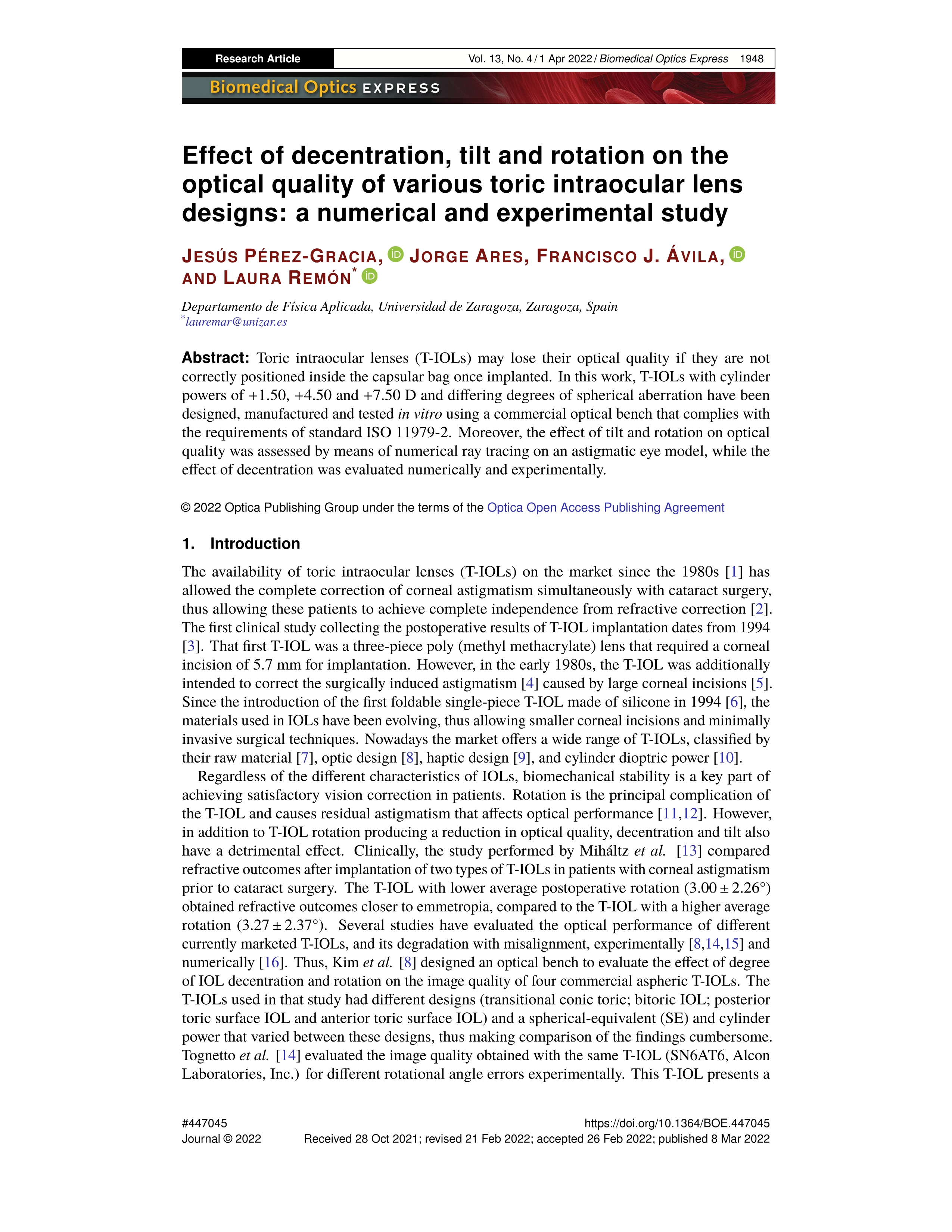 Effect of decentration, tilt and rotation on the optical quality of various toric intraocular lens designs: a numerical and experimental study