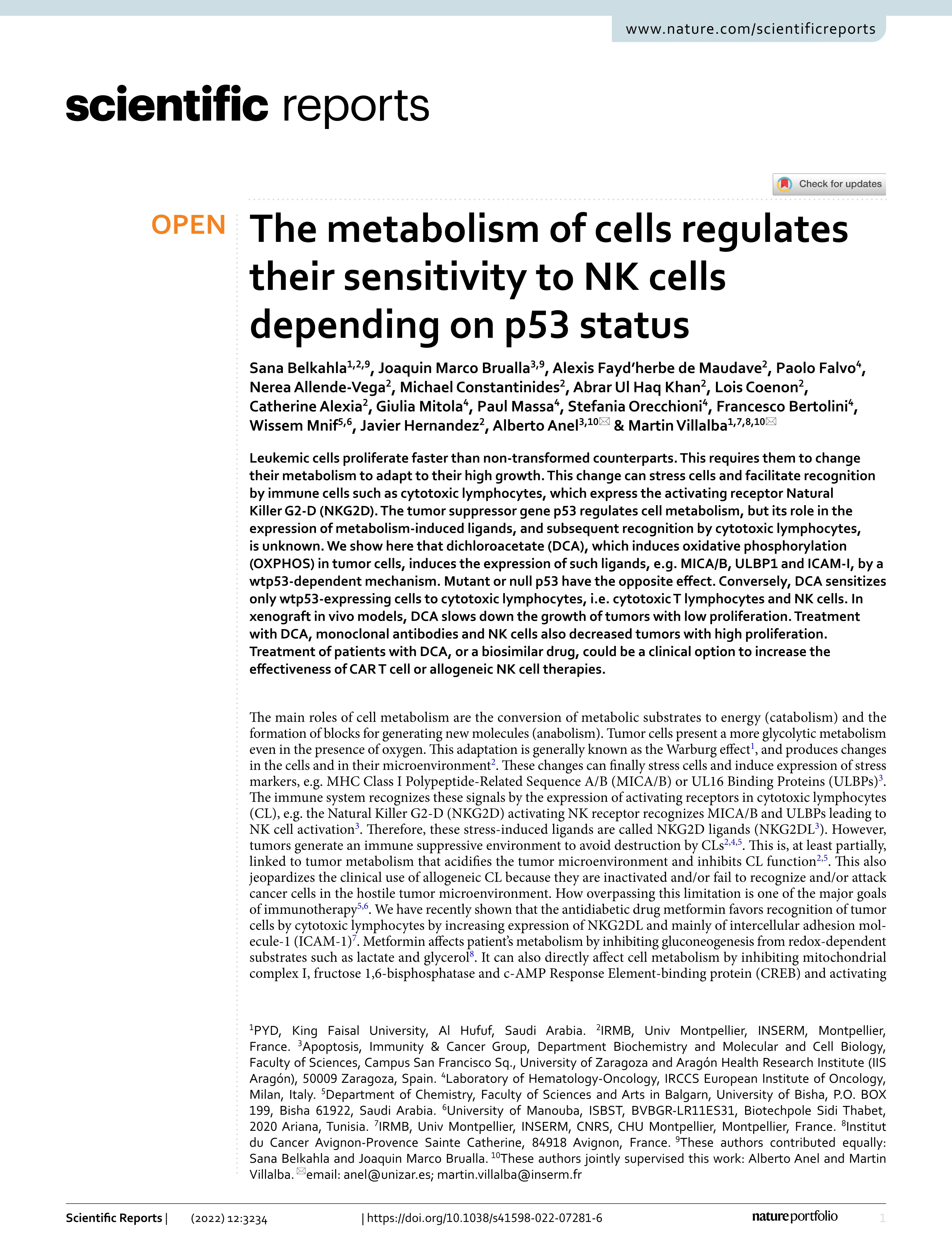 The metabolism of cells regulates their sensitivity to NK cells depending on p53 status