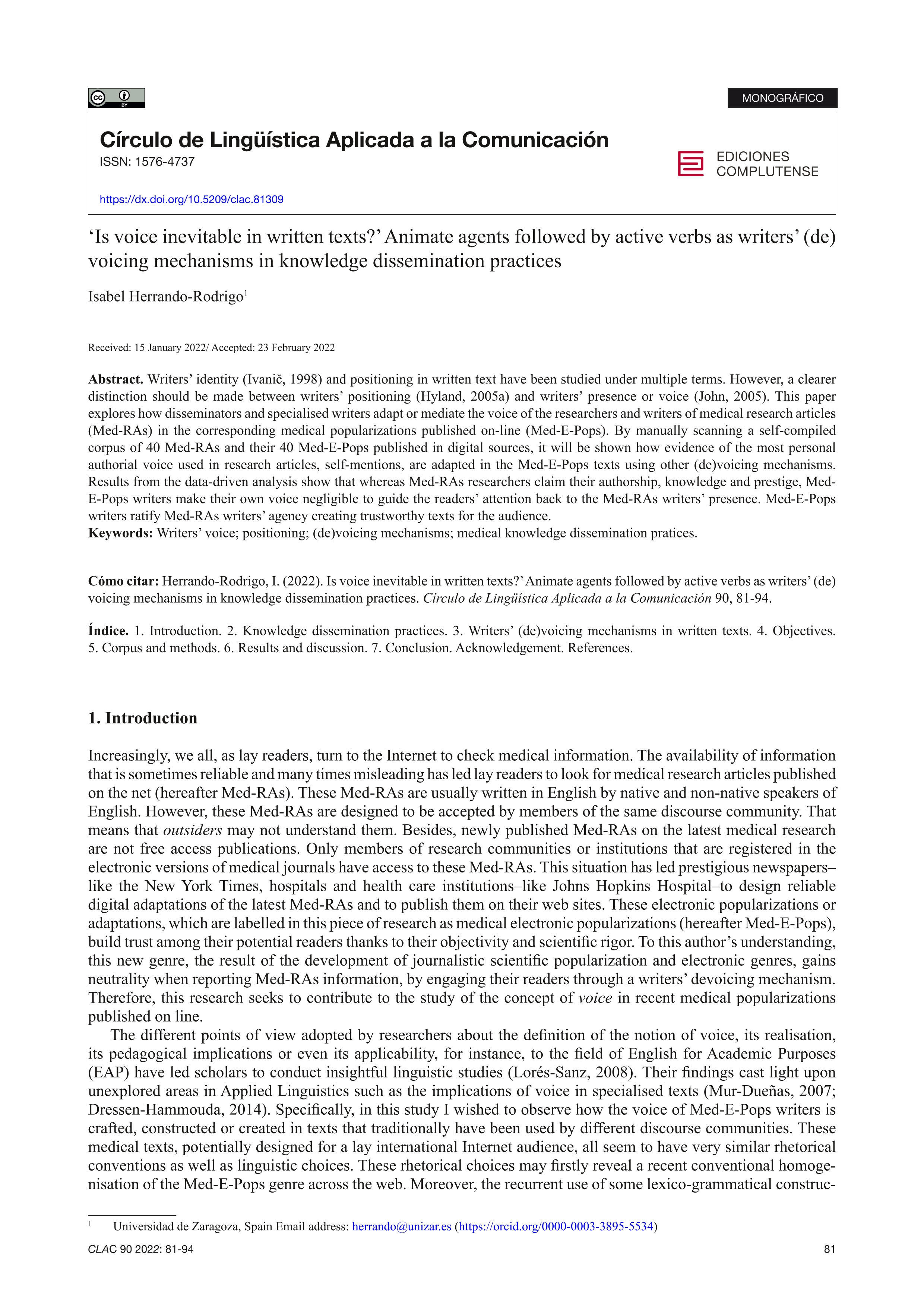 ‘Is voice inevitable in written texts?’ Animate agents followed by active verbs as writers’ (de)voicing mechanisms in knowledge dissemination practices