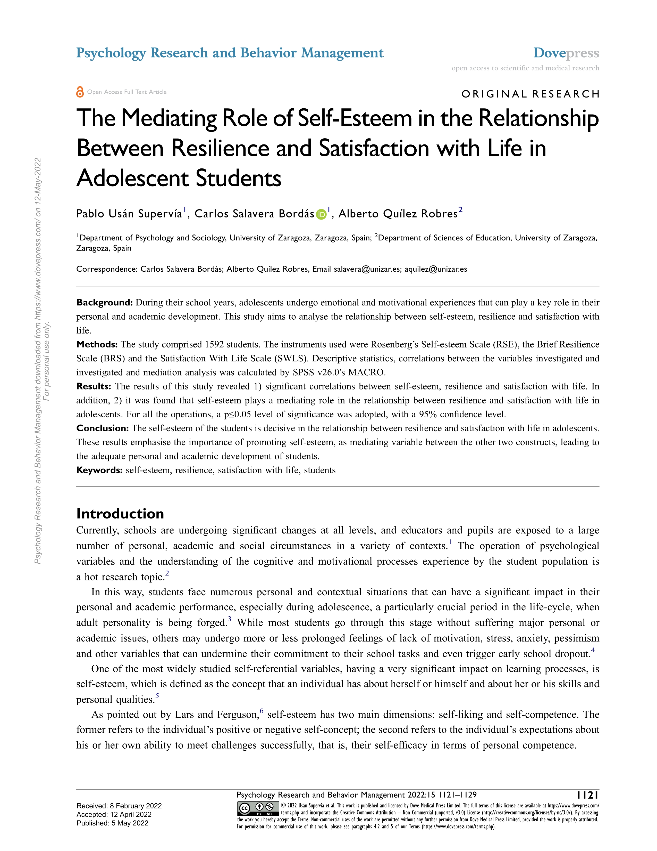 The mediating role of self-esteem in the relationship between resilience and satisfaction with life in adolescent students