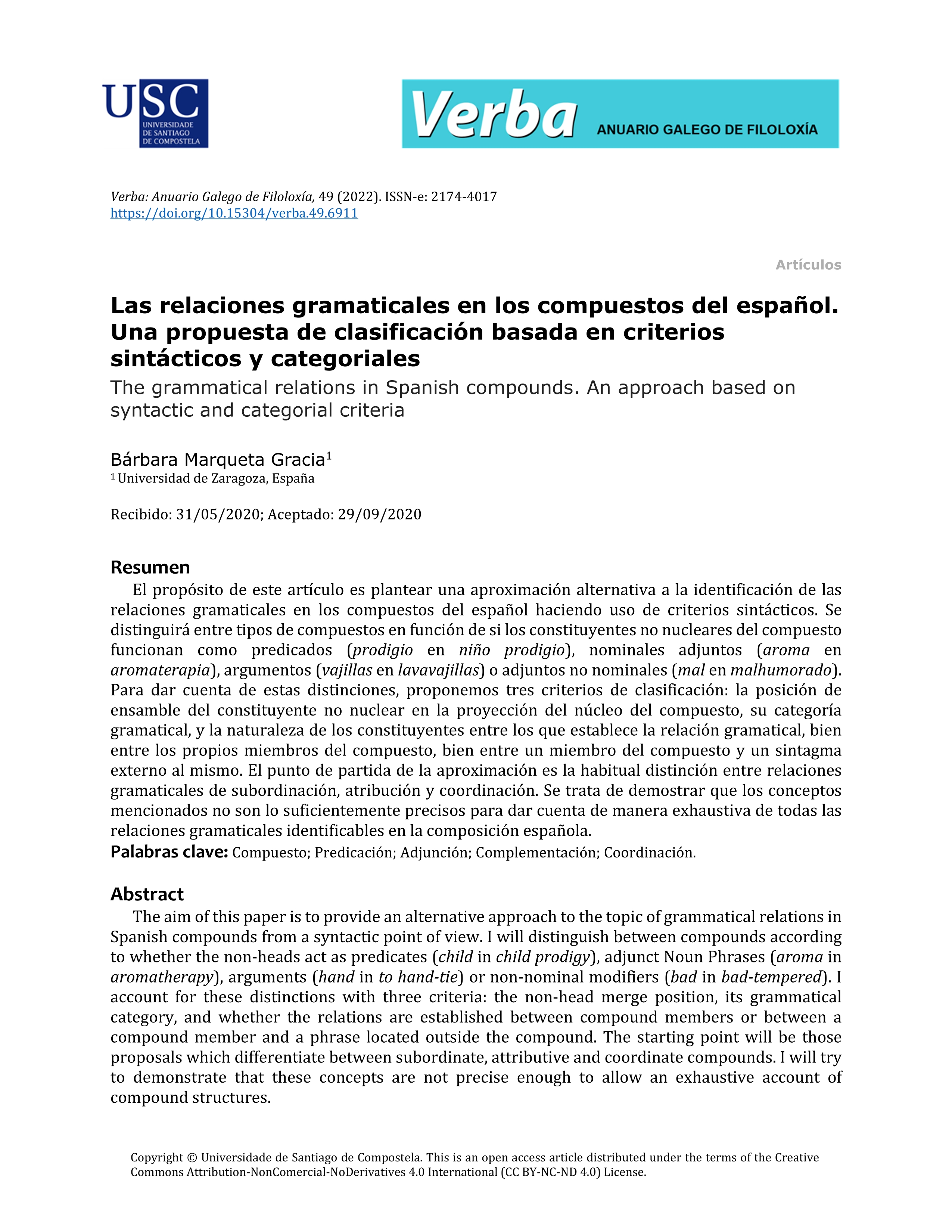 Las relaciones gramaticales en los compuestos del español. Una propuesta de clasificación basada en criterios sintácticos y categoriales