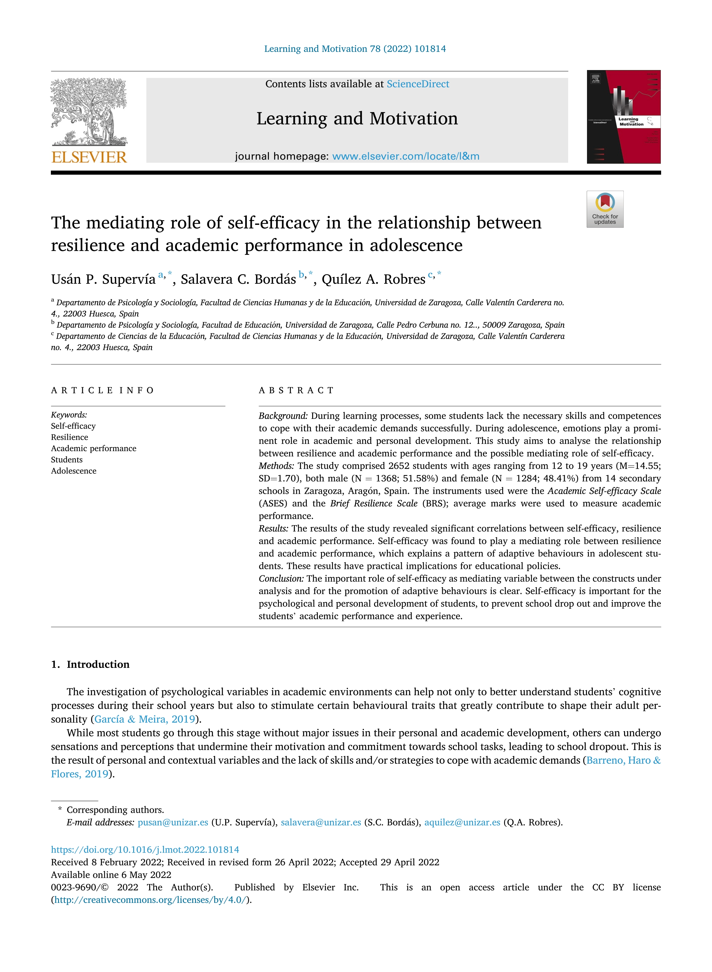 The mediating role of self-efficacy in the relationship between resilience and academic performance in adolescence