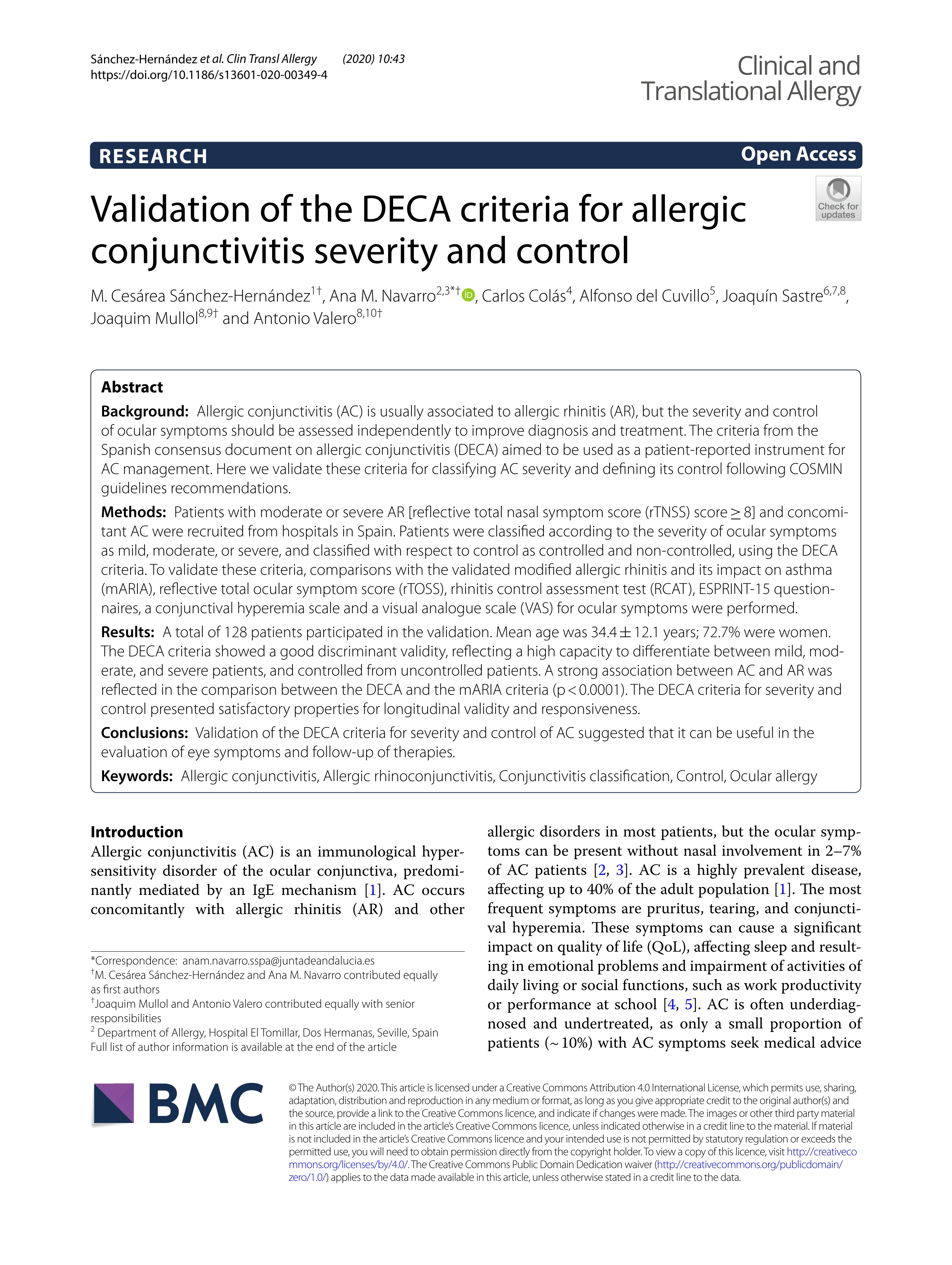 Validation of the DECA criteria for allergic conjunctivitis severity and control
