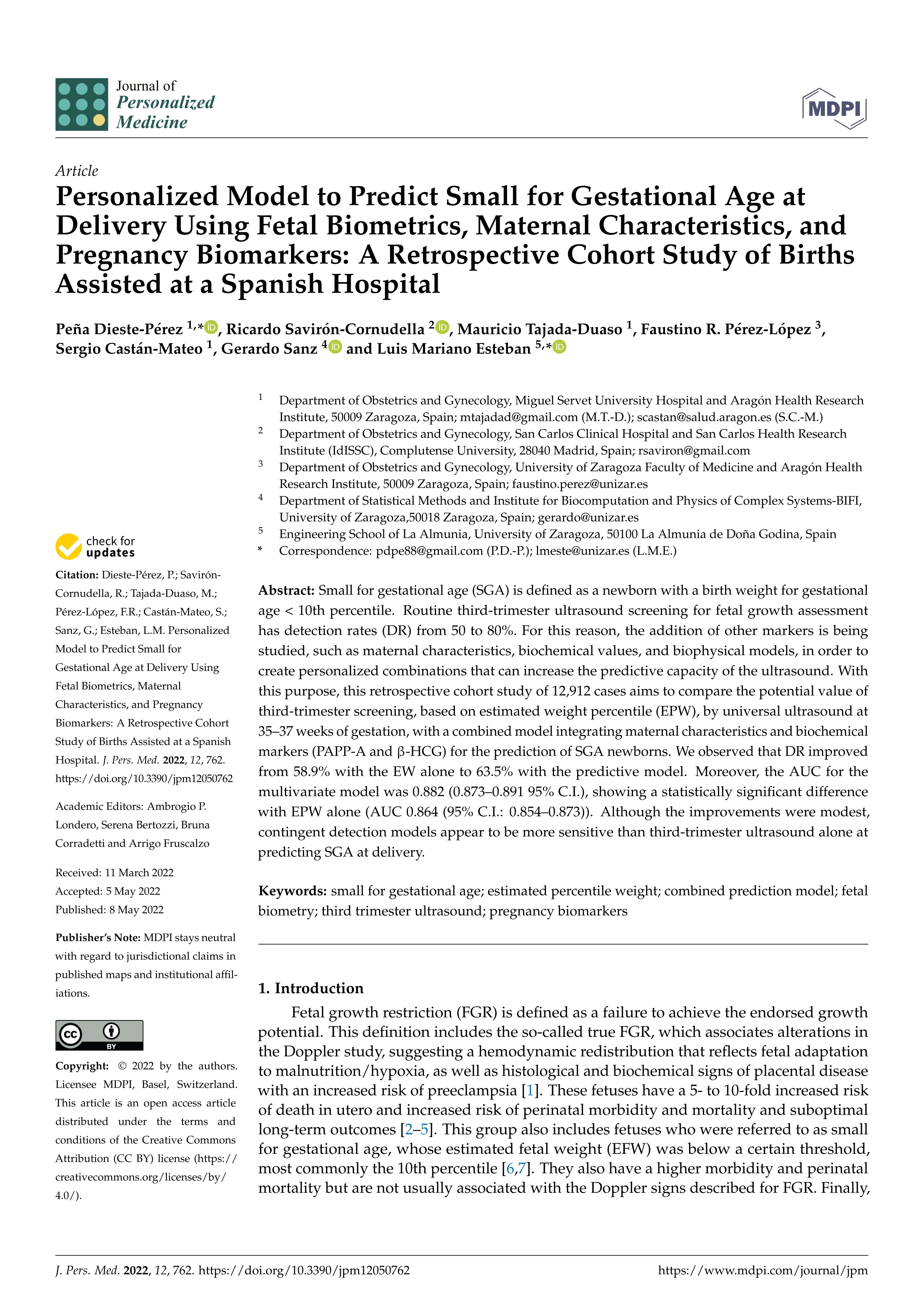 Personalized Model to Predict Small for Gestational Age at Delivery Using Fetal Biometrics, Maternal Characteristics, and Pregnancy Biomarkers: A Retrospective Cohort Study of Births Assisted at a Spanish Hospital