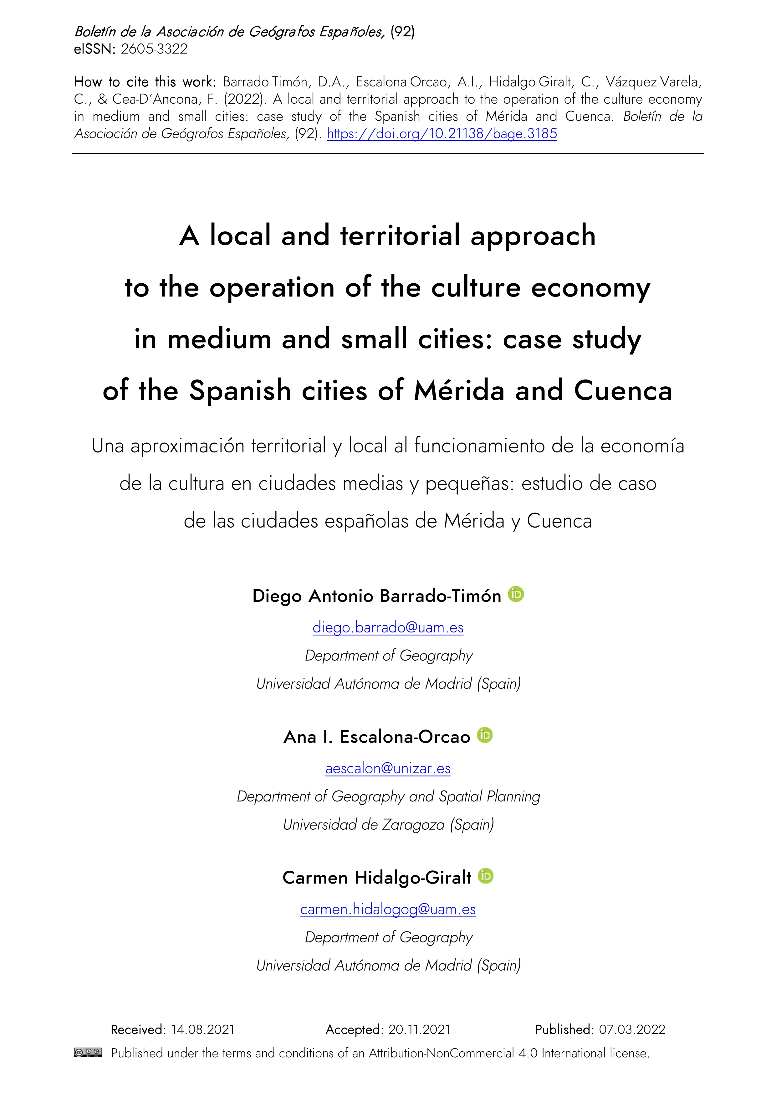 A local and territorial approach to the operation of the culture economy in medium and small cities: case study of the Spanish cities of Merida and Cuenca