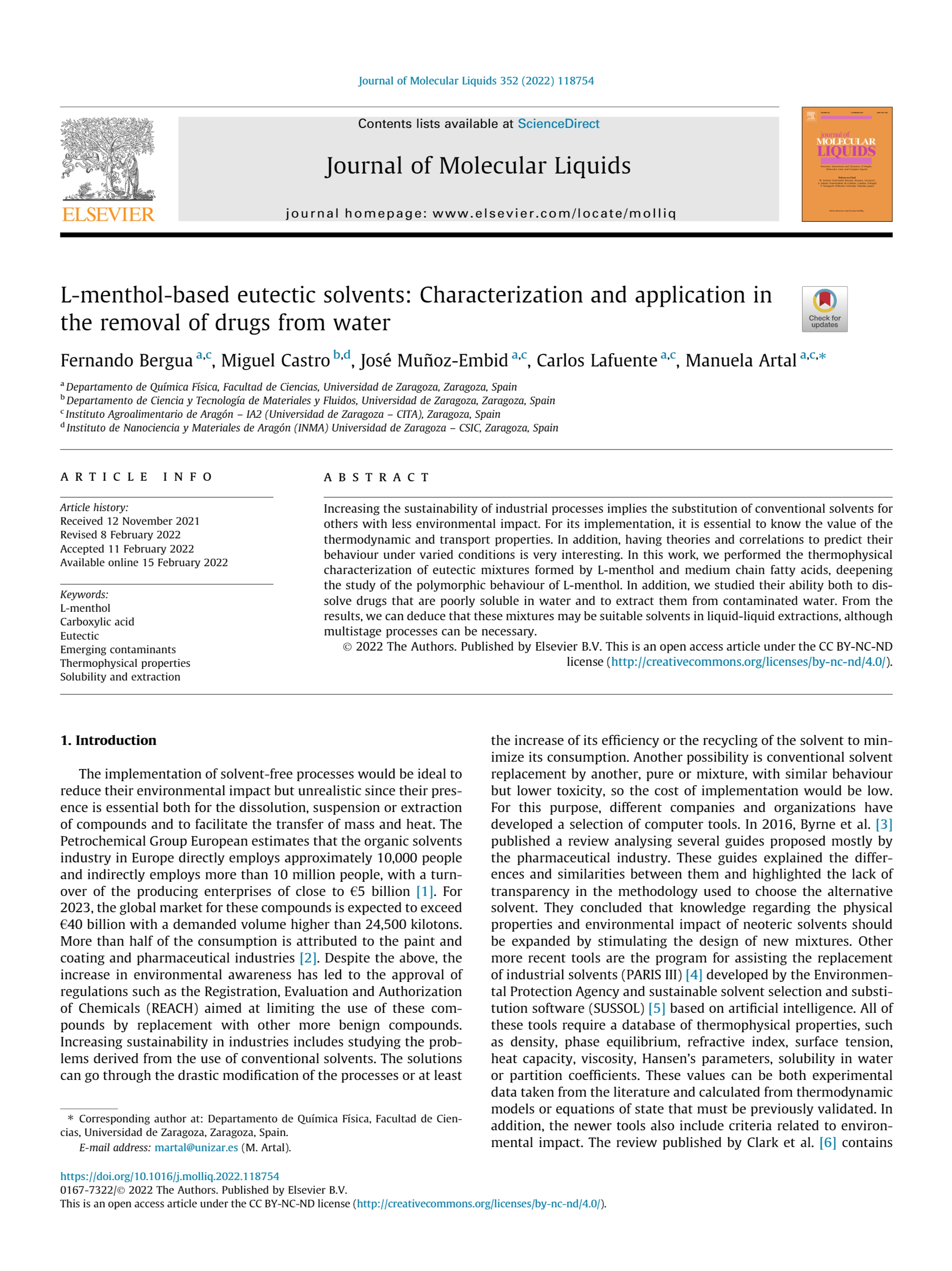 L-menthol-based eutectic solvents: characterization and application in the removal of drugs from water