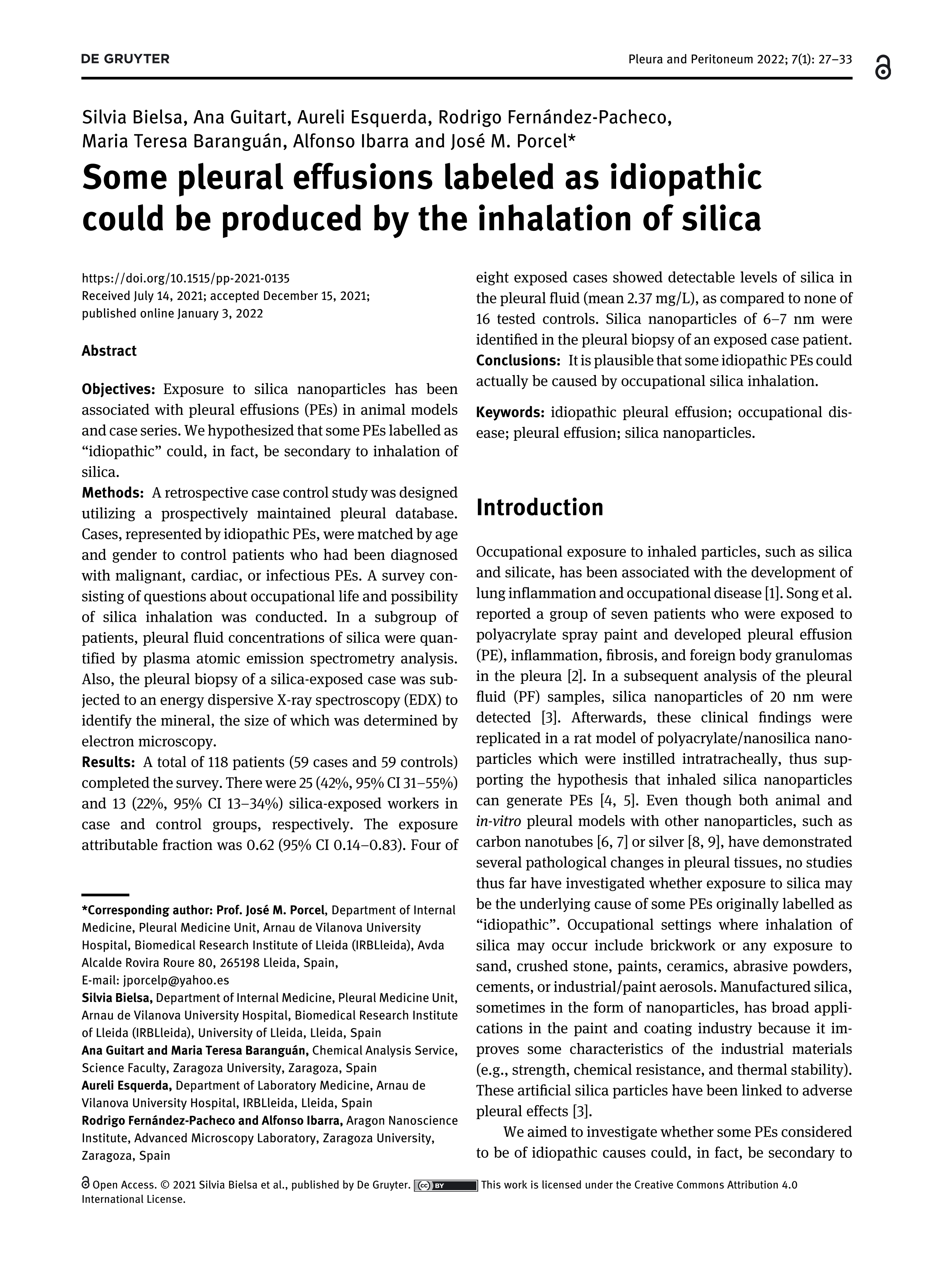 Some pleural effusions labeled as idiopathic could be produced by the inhalation of silica