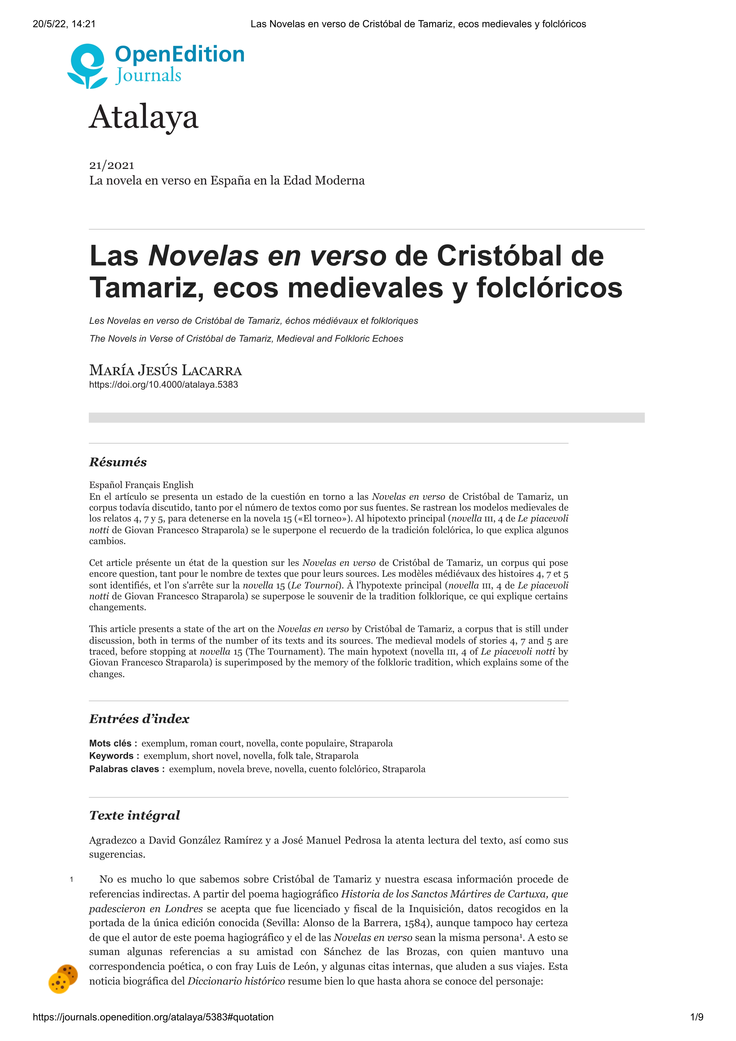 Las novelas en verso de Cristóbal de Tamariz, ecos medievales y folclóricos