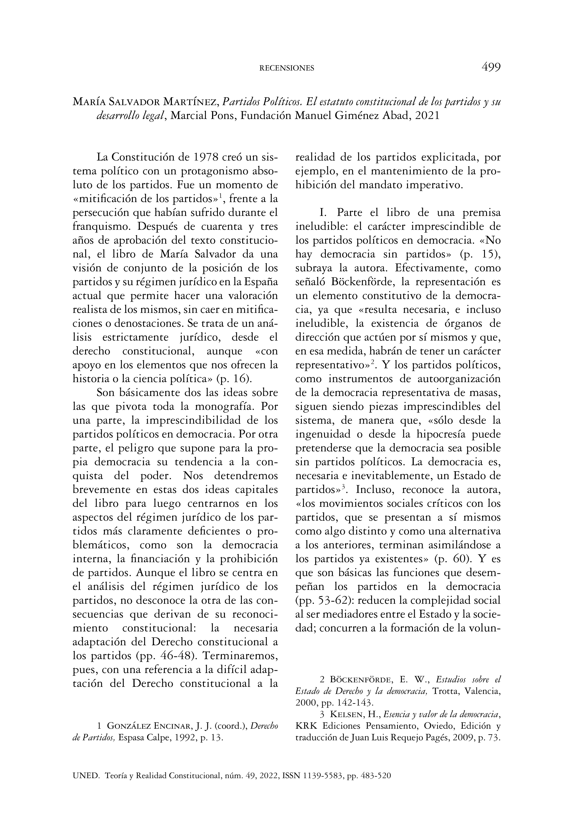 María Salvador Martínez, Partidos Políticos. El estatuto constitucional de los partidos y su desarrollo legal, Marcial Pons, Fundación Manuel Giménez Abad, 2021