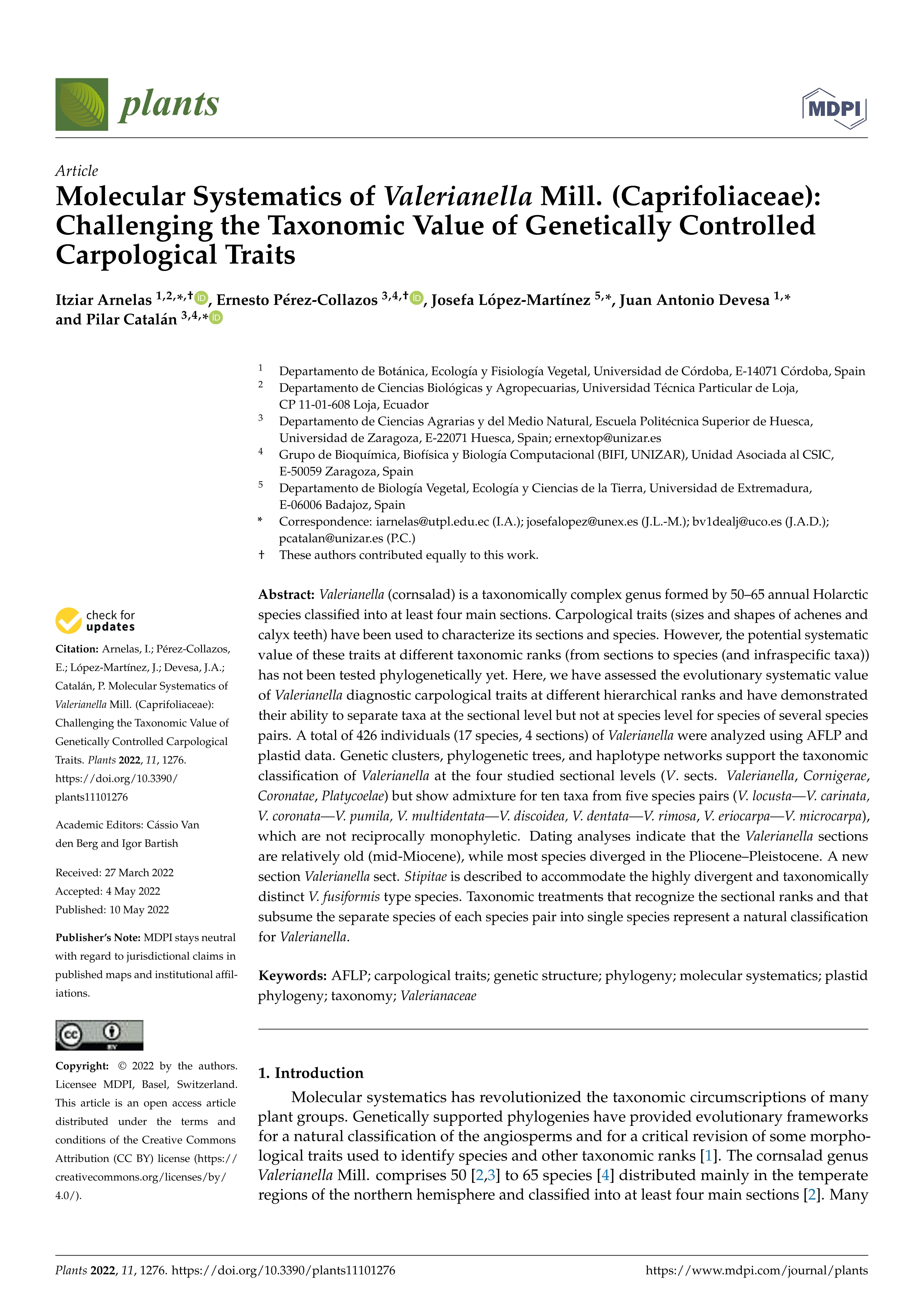 Molecular Systematics of Valerianella Mill. (Caprifoliaceae): Challenging the Taxonomic Value of Genetically Controlled Carpological Traits