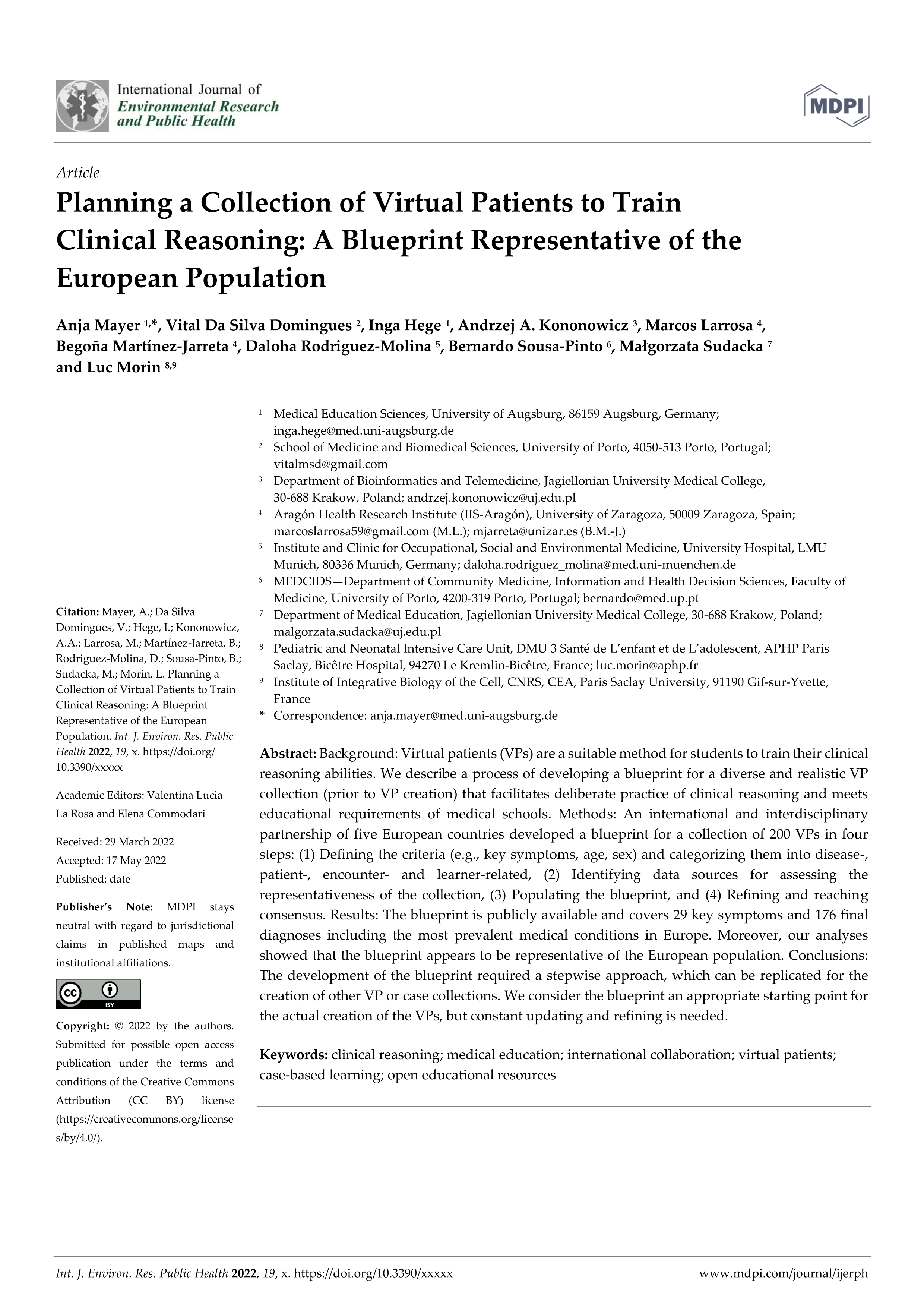 Planning a collection of virtual patients to train clinical reasoning: a blueprint representative of the European population