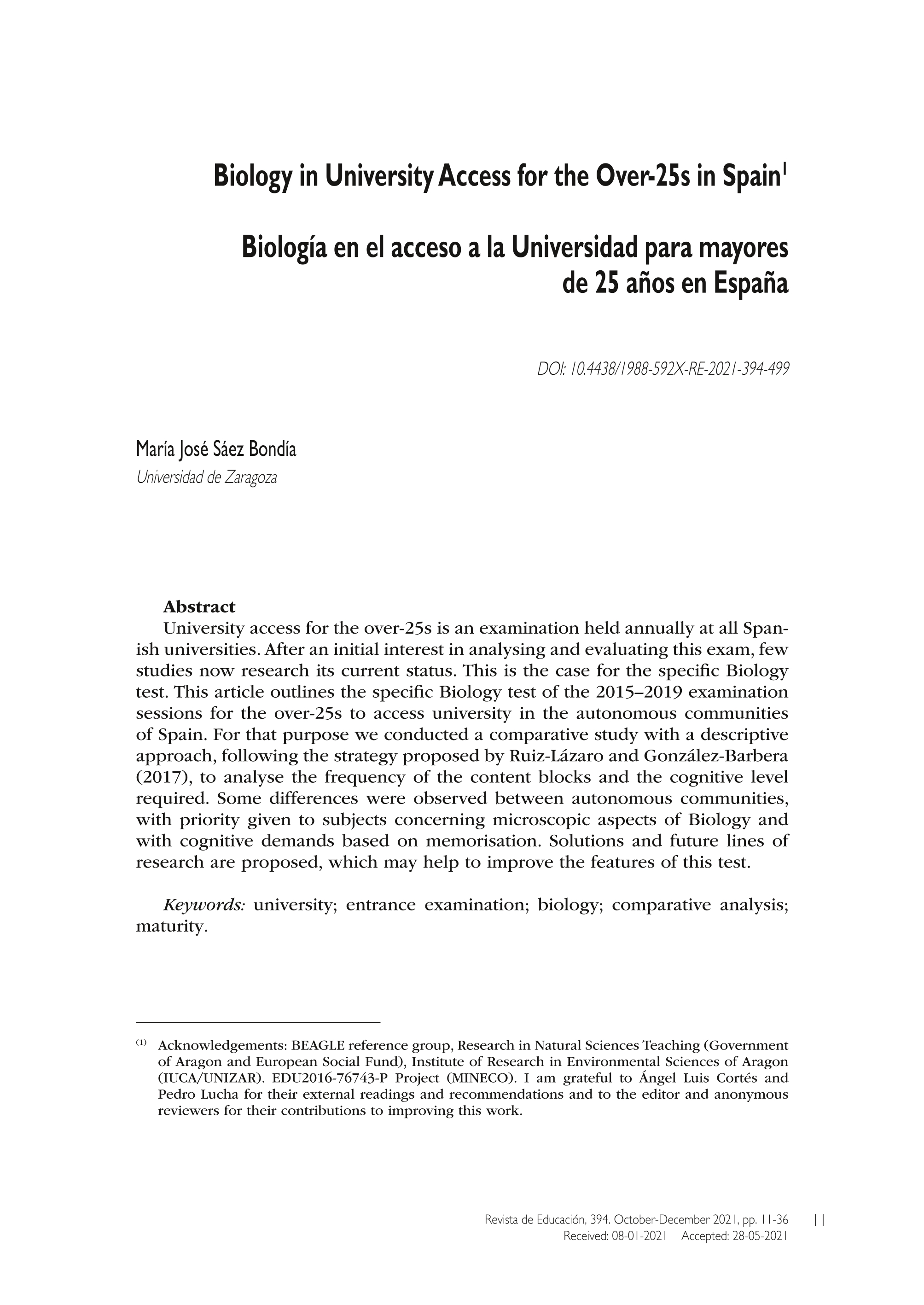 Biology in University Access for the Over-25s in Spain.