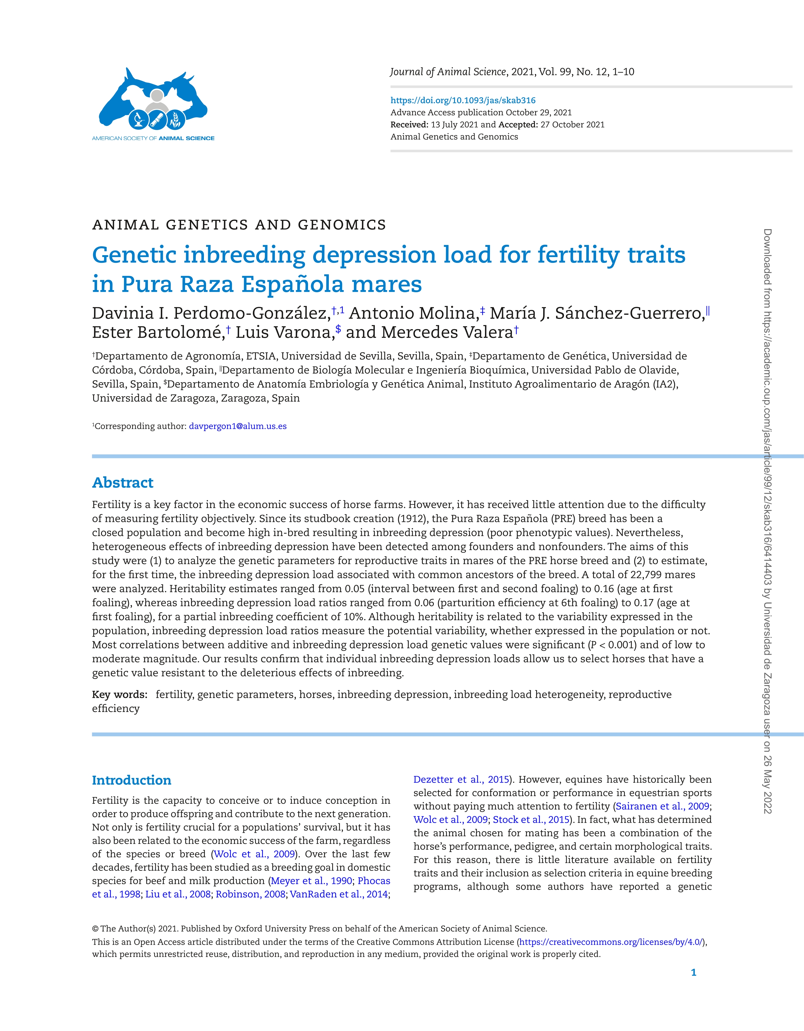 Genetic inbreeding depression load for fertility traits in Pura Raza Española mares