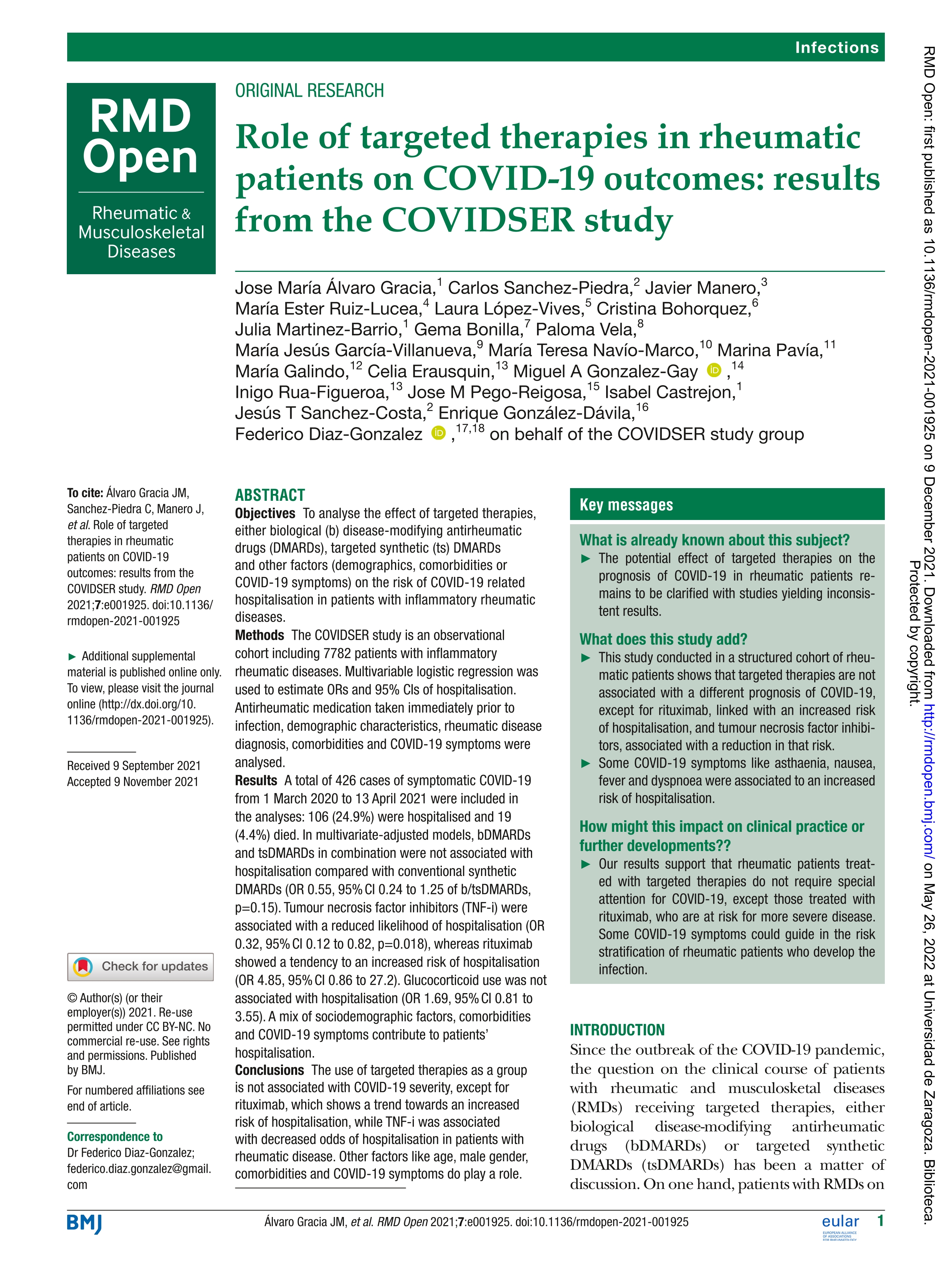 Role of targeted therapies in rheumatic patients on COVID-19 outcomes: Results from the COVIDSER study