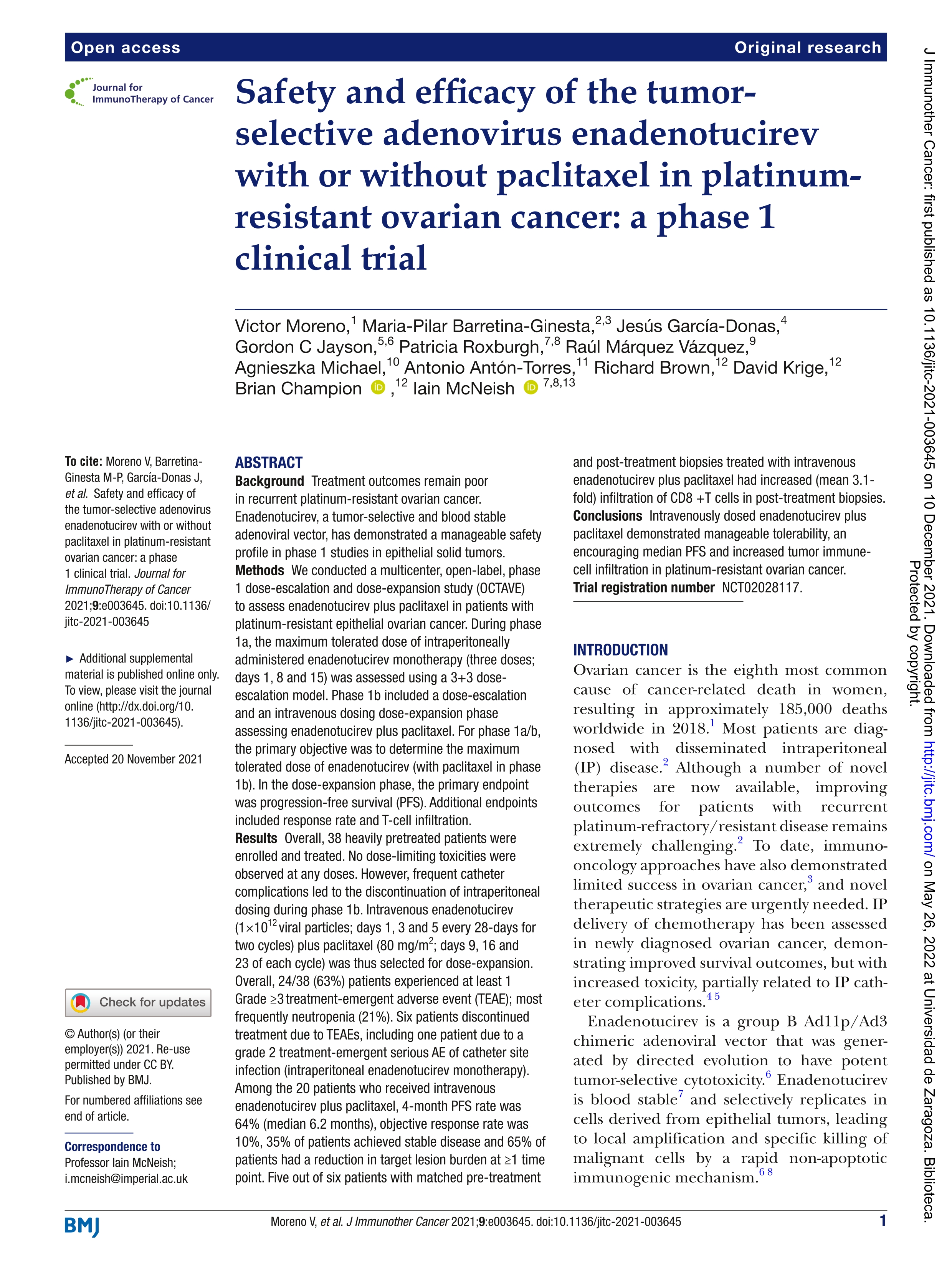 Safety and efficacy of the tumor-selective adenovirus enadenotucirev with or without paclitaxel in platinum-resistant ovarian cancer: A phase 1 clinical trial