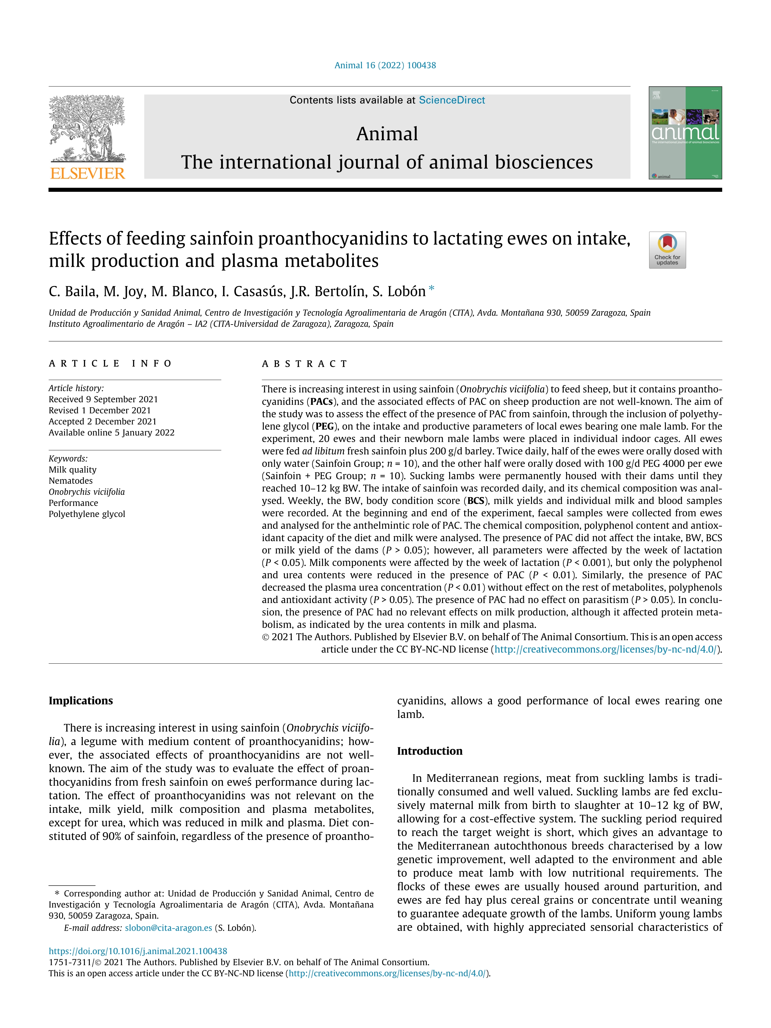 Effects of feeding sainfoin proanthocyanidins to lactating ewes on intake, milk production and plasma metabolites; 34996024