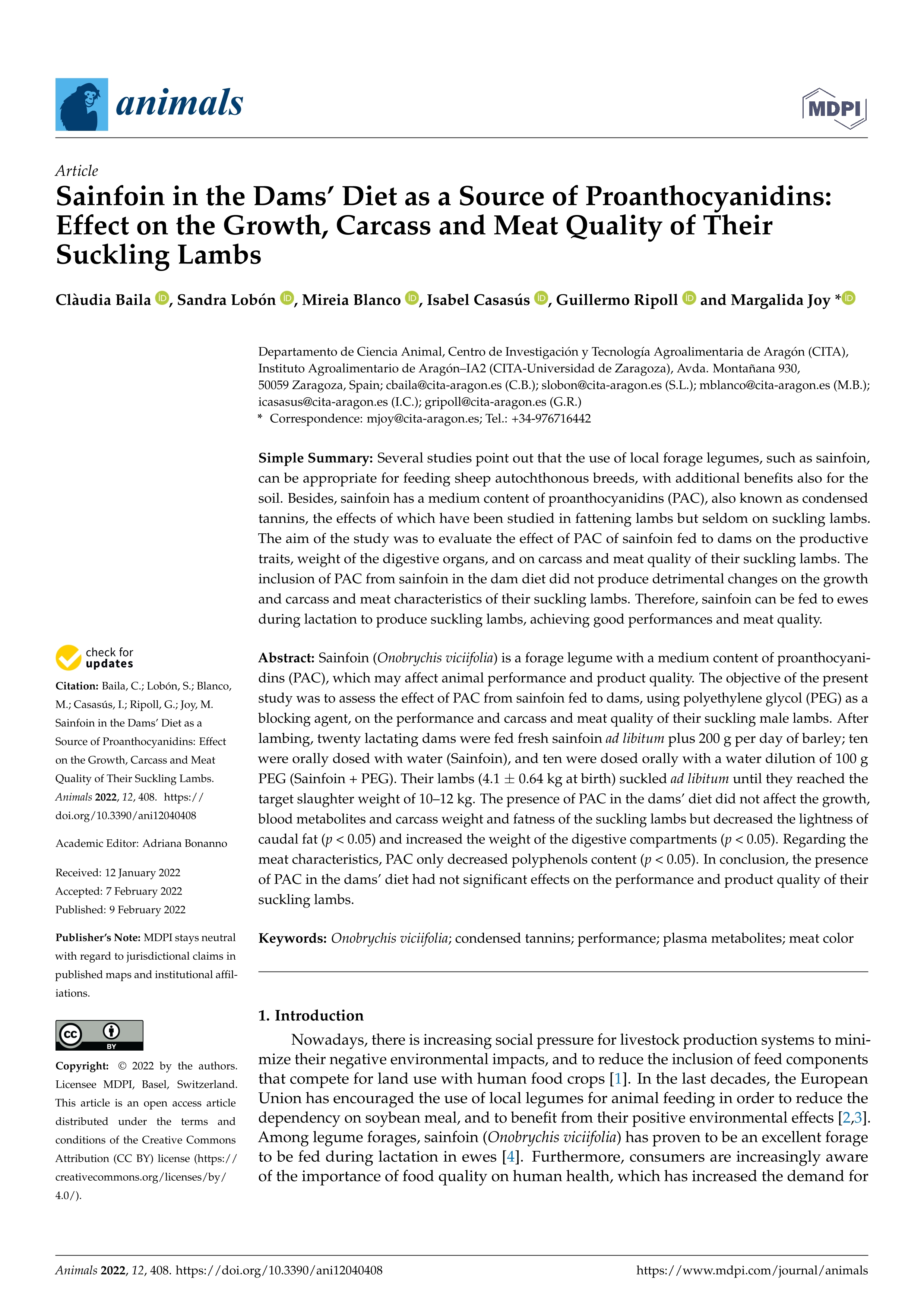 Sainfoin in the Dams’ Diet as a Source of Proanthocyanidins: Effect on the Growth, Carcass and Meat Quality of Their Suckling Lambs