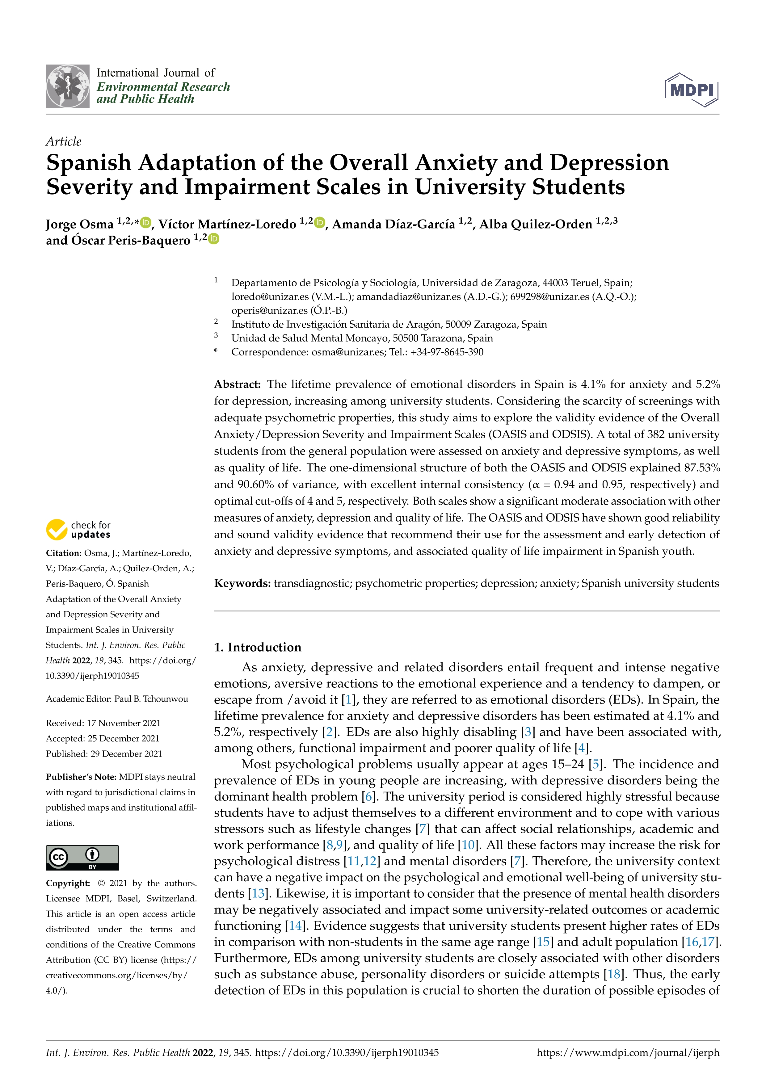 Spanish adaptation of the overall anxiety and depression severity and impairment scales in university students