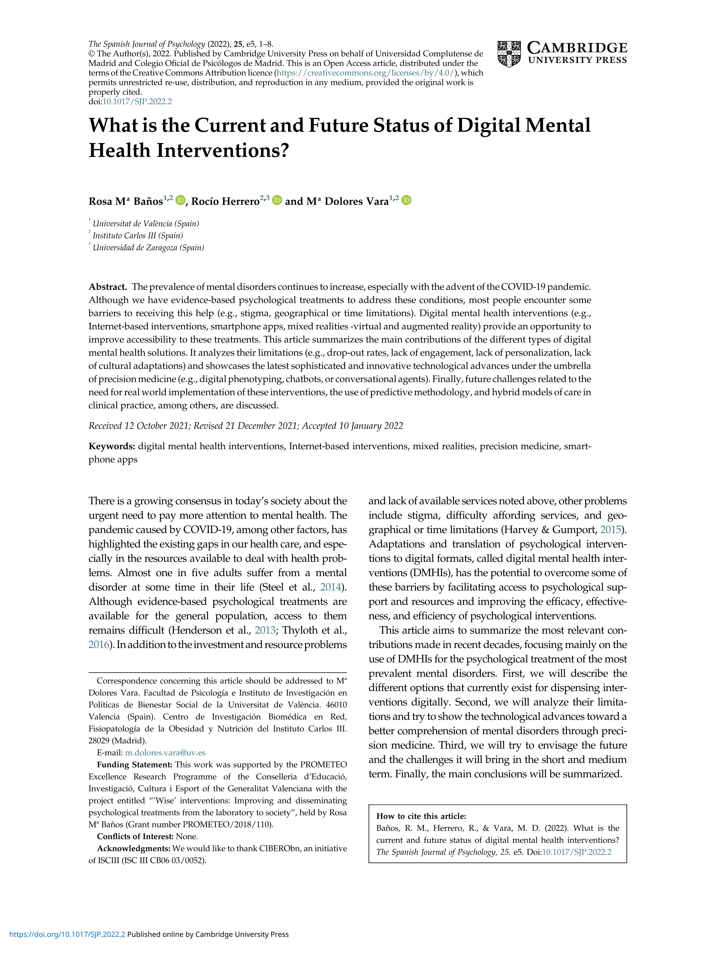 What is the Current and Future Status of Digital Mental Health Interventions?