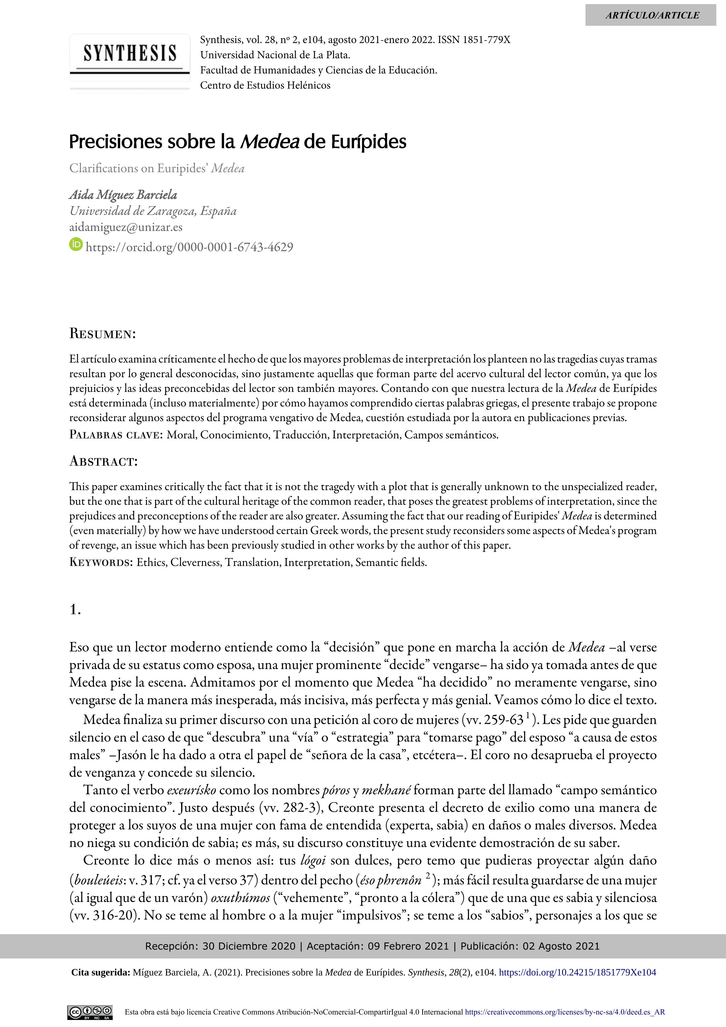 Precisiones sobre la Medea de Eurípides