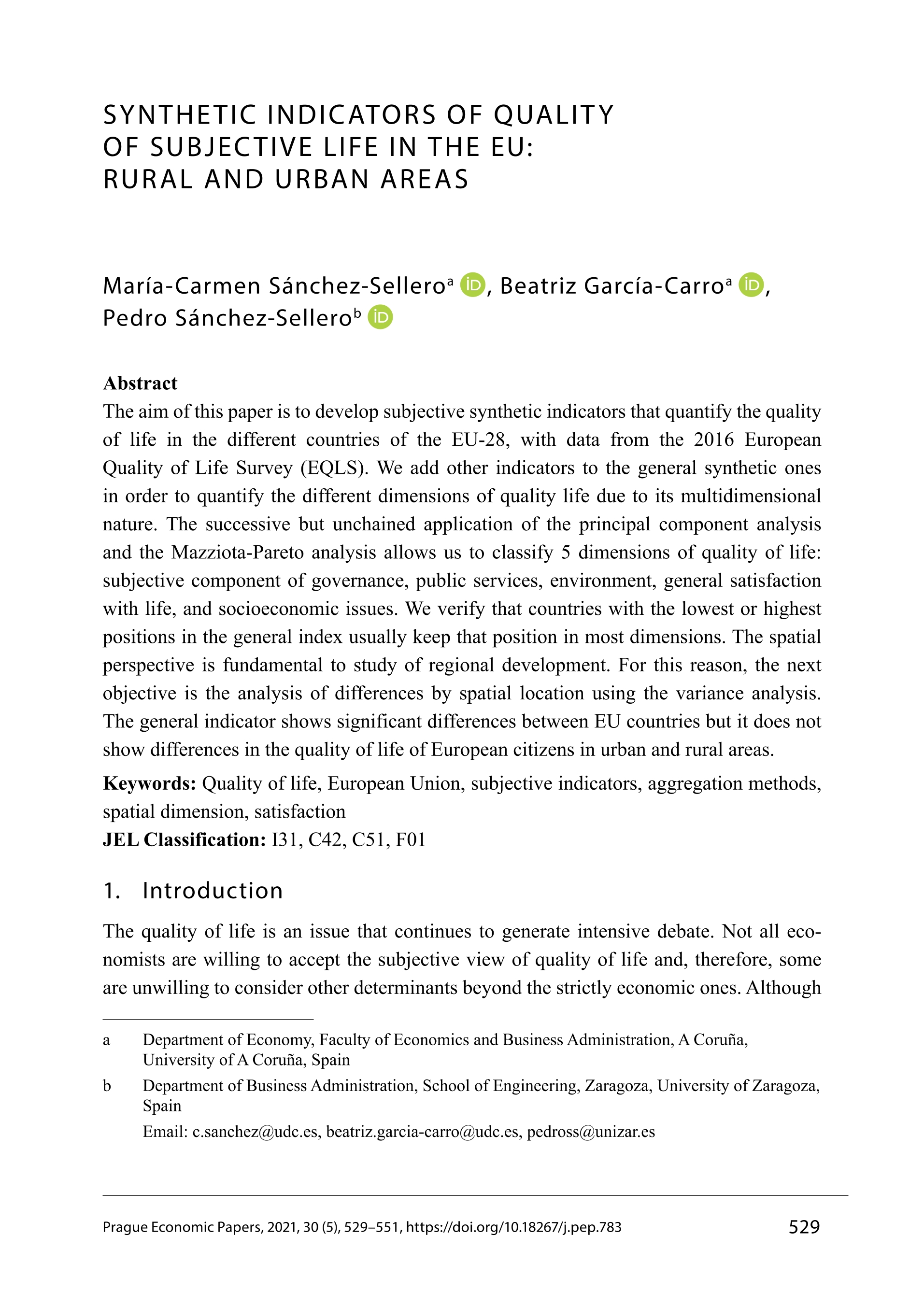 Synthetic indicators of quality of subjective life in the EU: Rural and urban areas