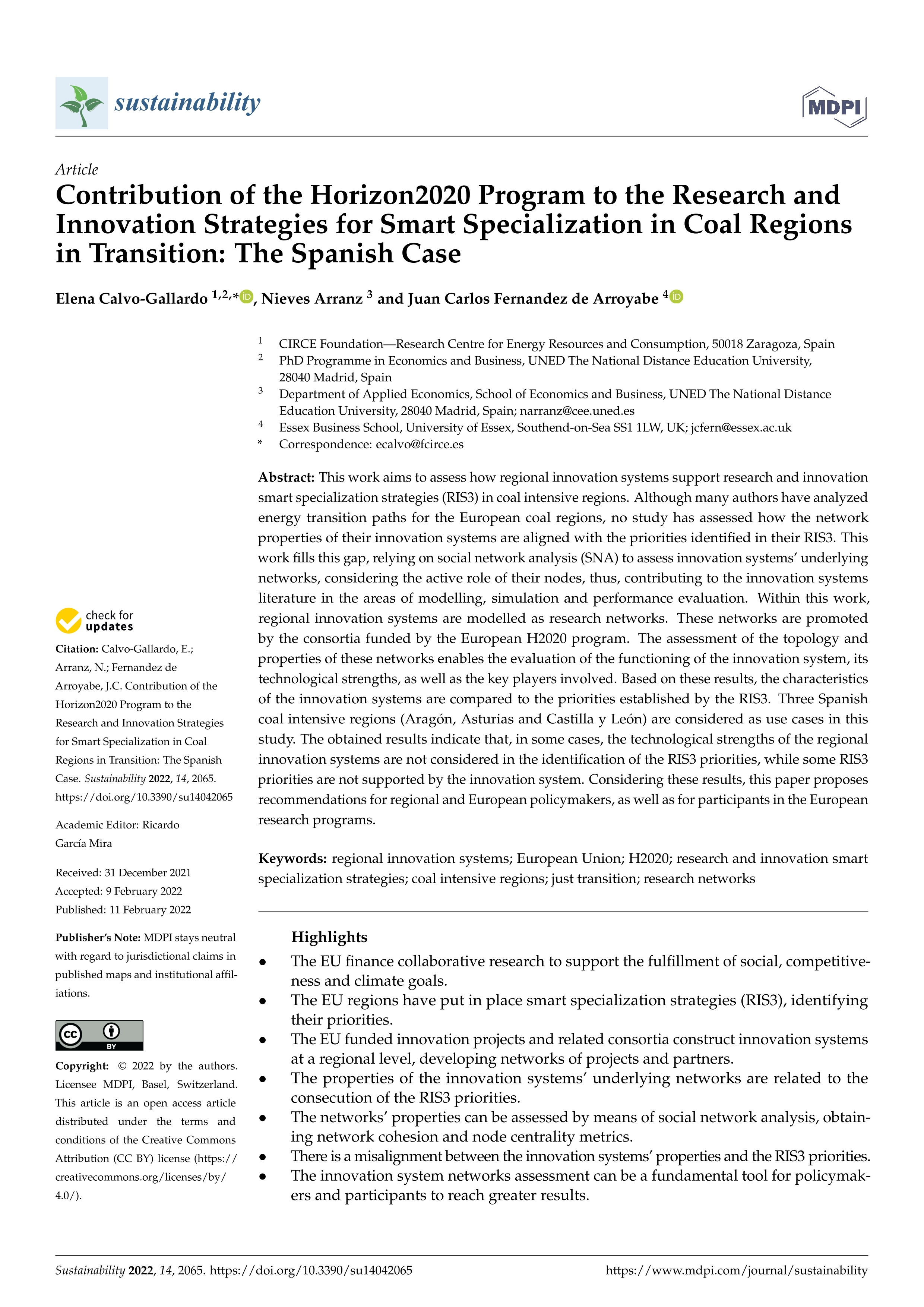 Contribution of the Horizon2020 Program to the research and innovation strategies for smart specialization in coal regions in transition: the Spanish case