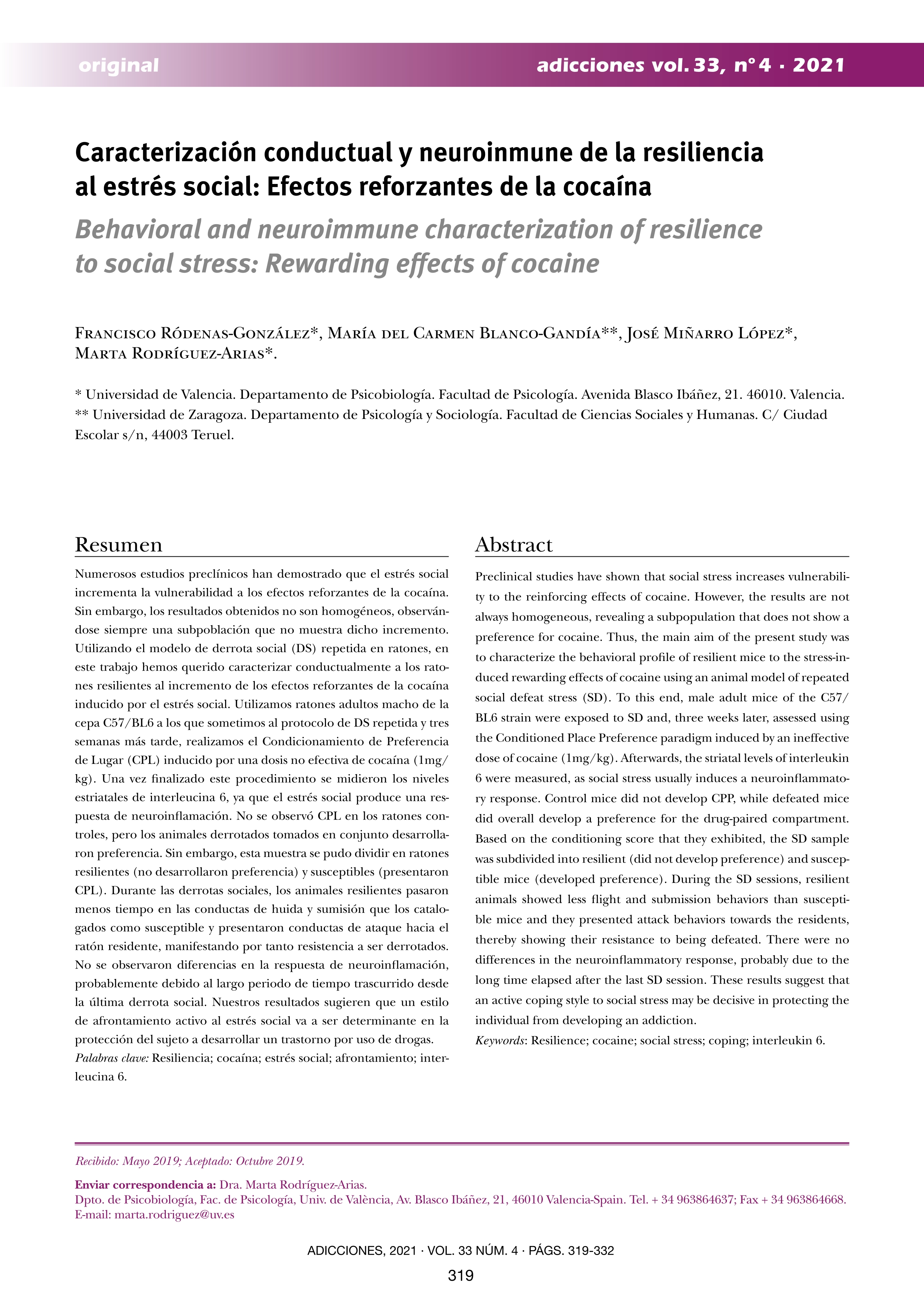 Caracterización conductual y neuroinmune de la resiliencia al estrés social: Efectos reforzantes de la cocaína