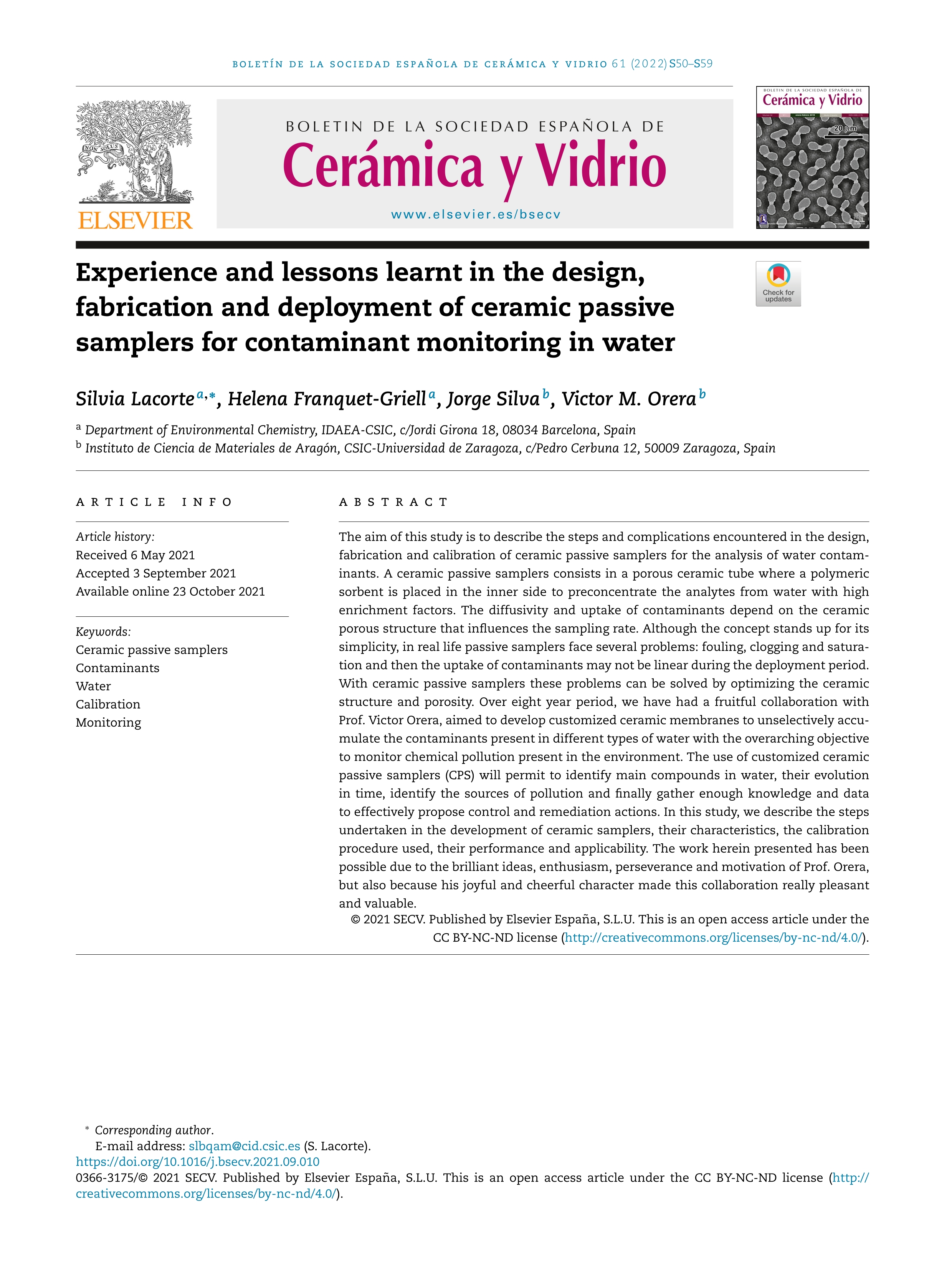 Experience and lessons learnt in the design, fabrication and deployment of ceramic passive samplers for contaminant monitoring in water
