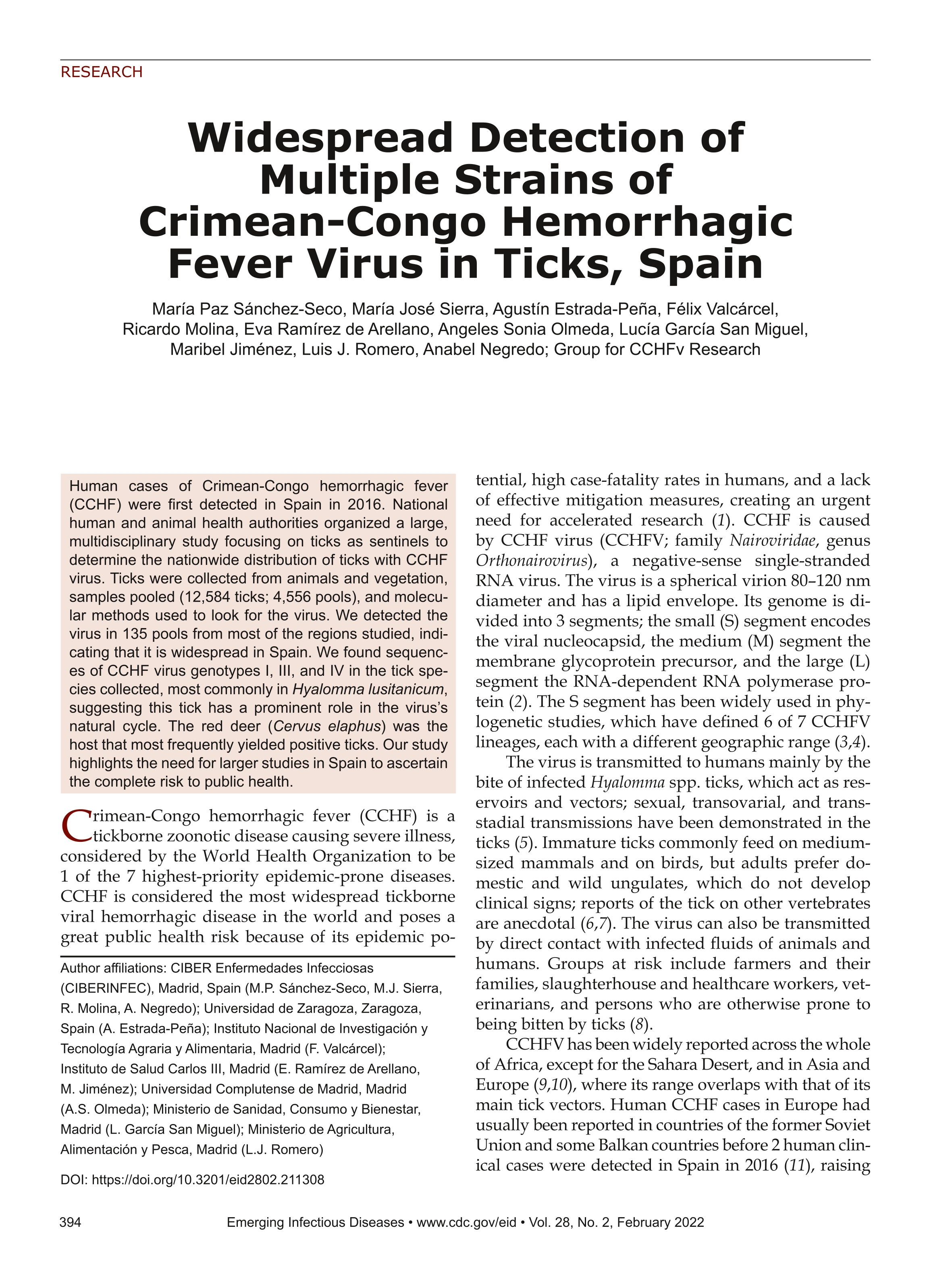 Widespread Detection of Multiple Strains of Crimean-Congo Hemorrhagic Fever Virus in Ticks, Spain; 35076008