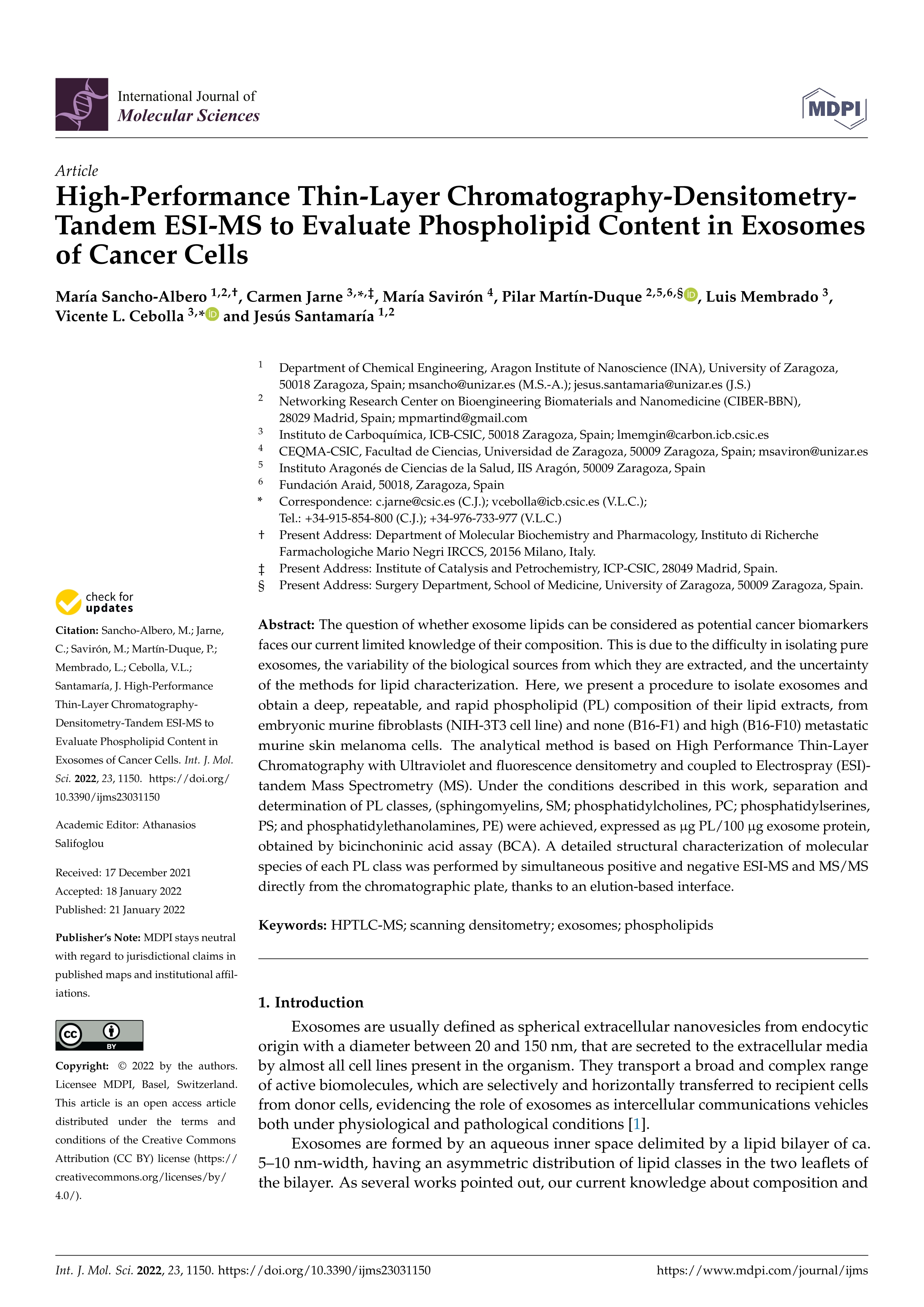 High-Performance Thin-Layer Chromatography-Densitometry-Tandem ESI-MS to Evaluate Phospholipid Content in Exosomes of Cancer Cells