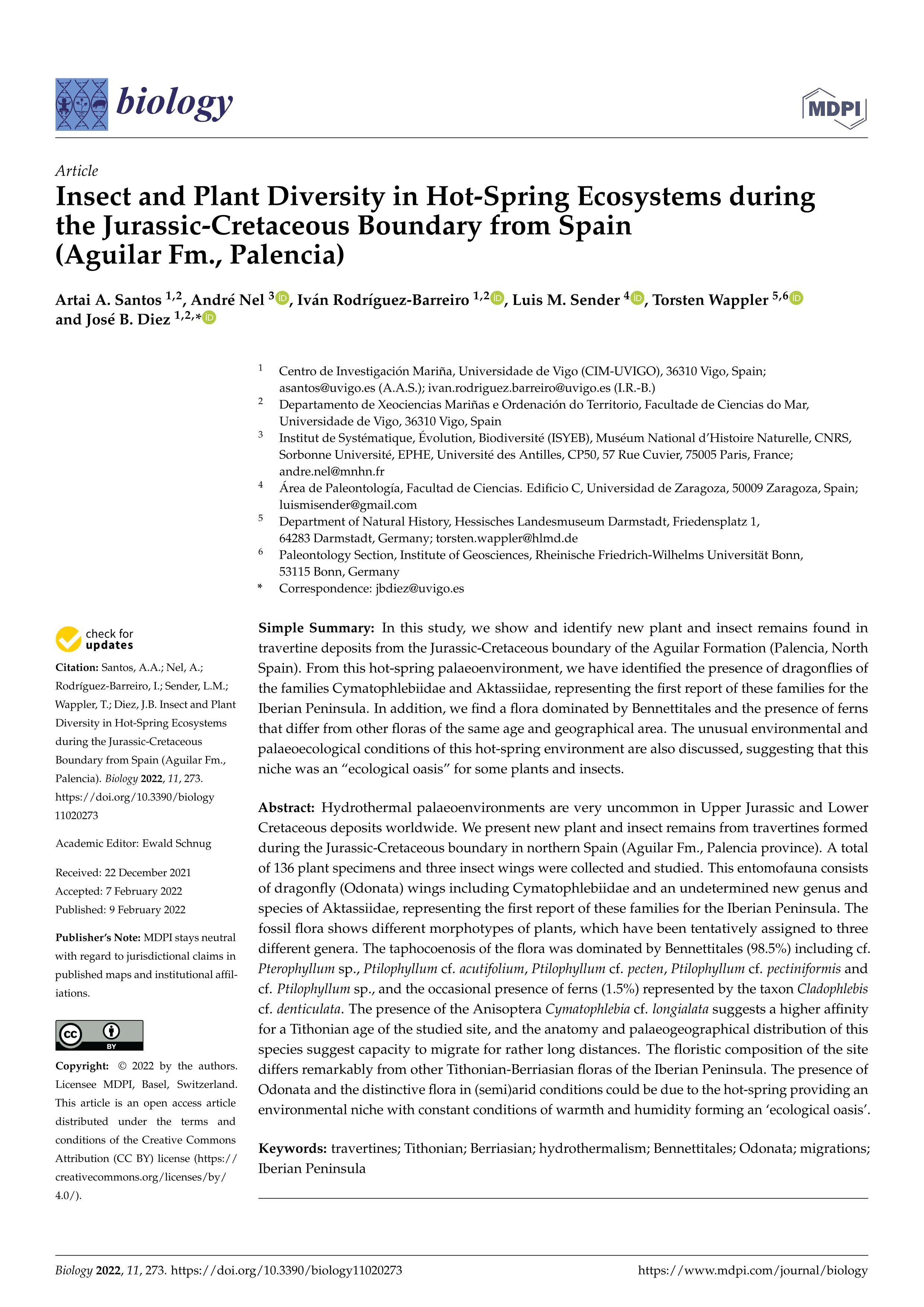 Insect and Plant Diversity in Hot-Spring Ecosystems during the Jurassic-Cretaceous Boundary from Spain (Aguilar Fm., Palencia)