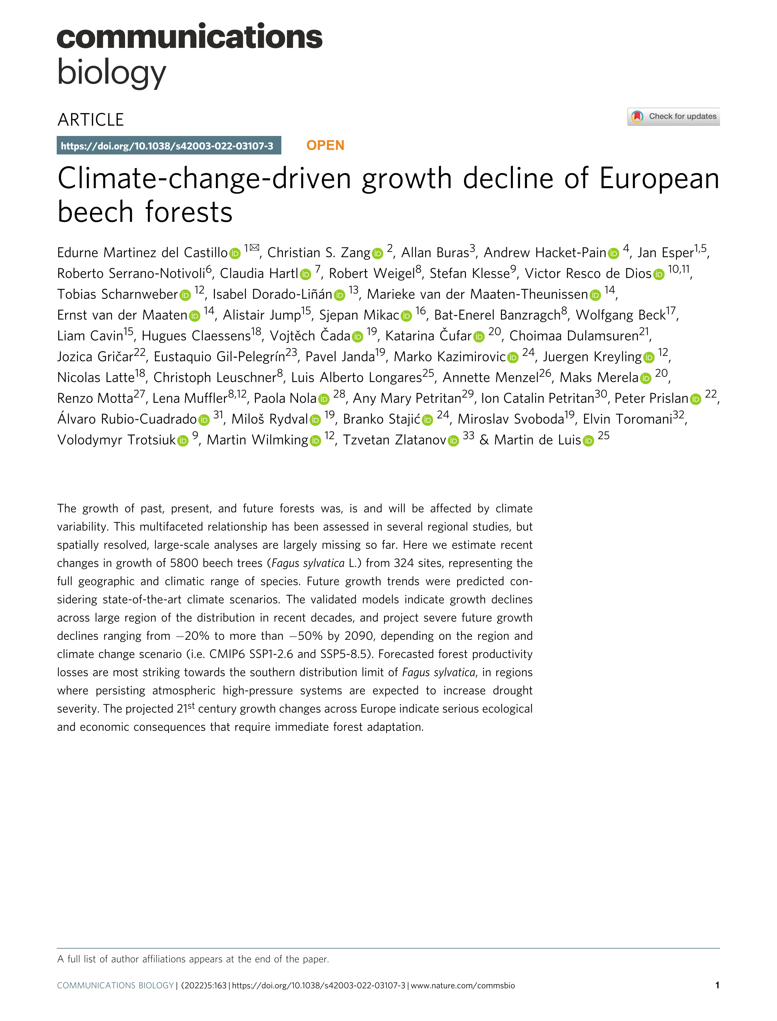 Climate-change-driven growth decline of European beech forests
