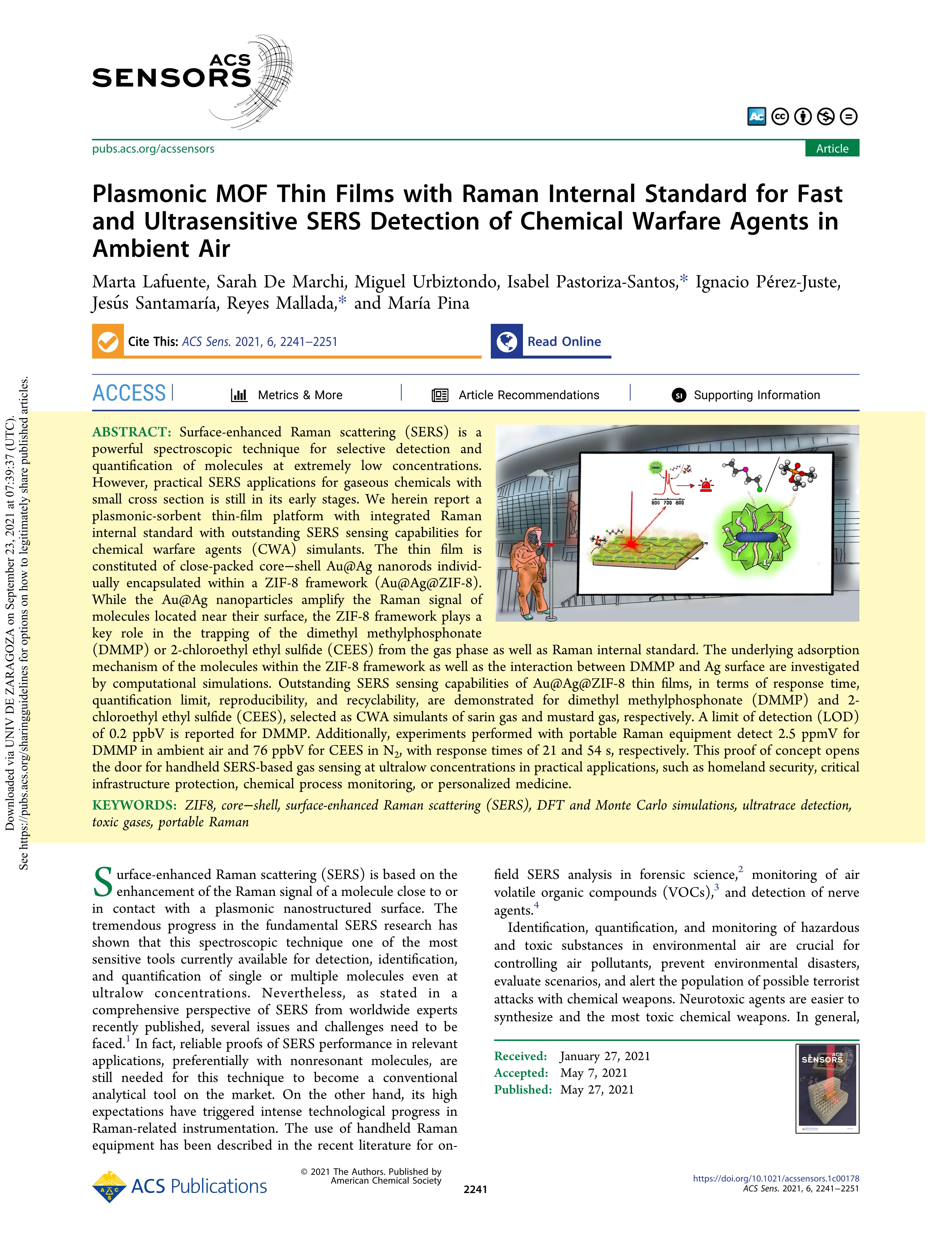 Plasmonic MOF thin films with raman standard for fast and ultrasensitive SERS detection of chemical warfare agents in ambient air