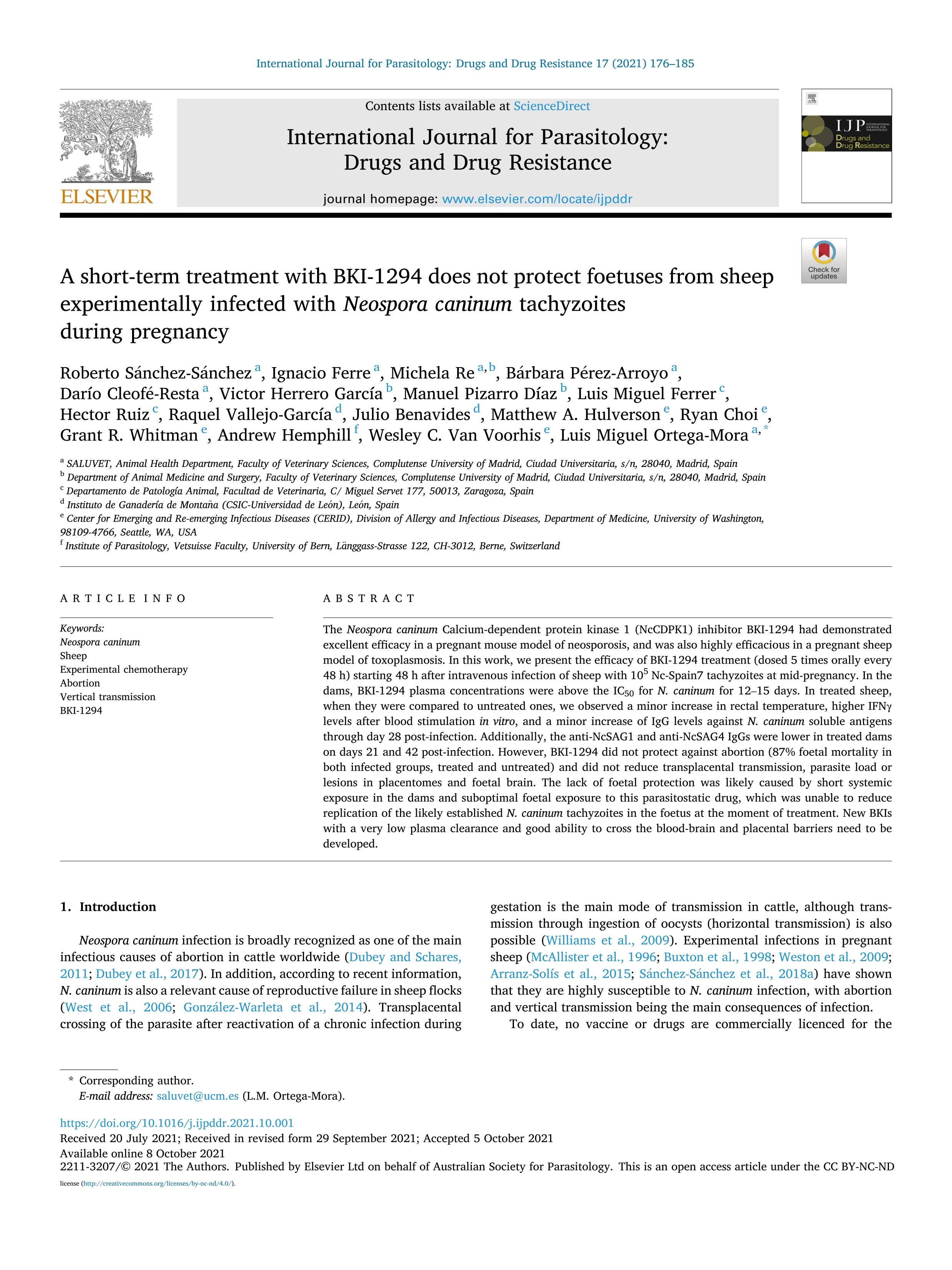 A short-term treatment with BKI-1294 does not protect foetuses from sheep experimentally infected with Neospora caninum tachyzoites during pregnancy