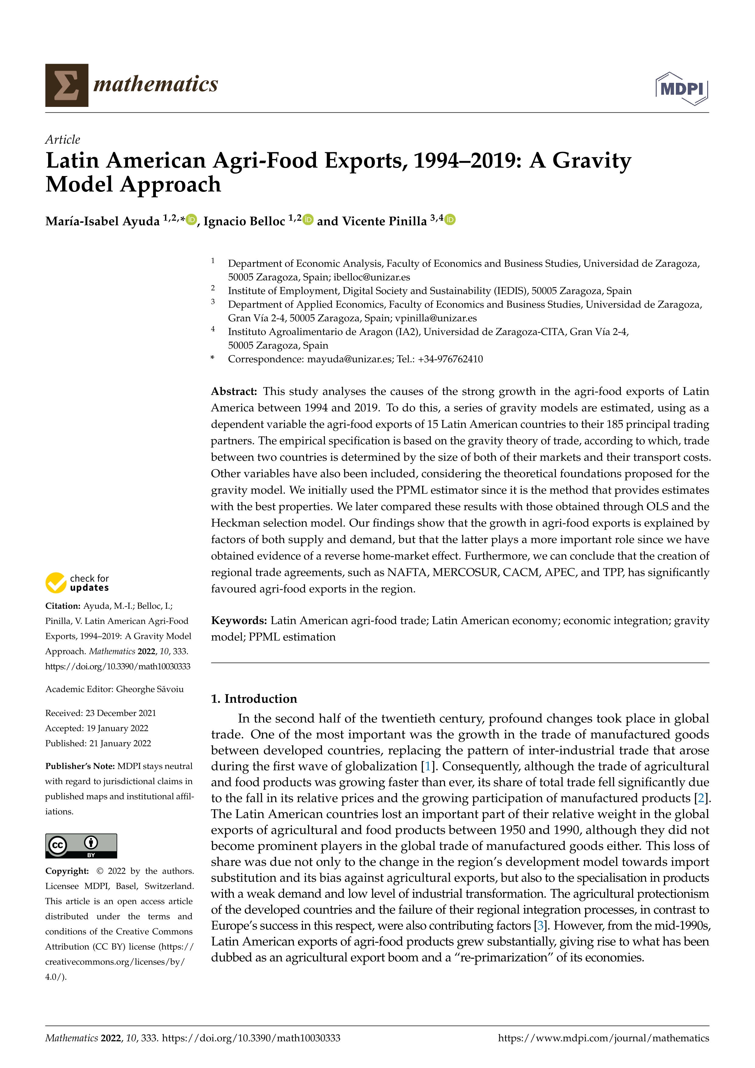 Latin American Agri-Food Exports, 1994–2019: A Gravity Model Approach