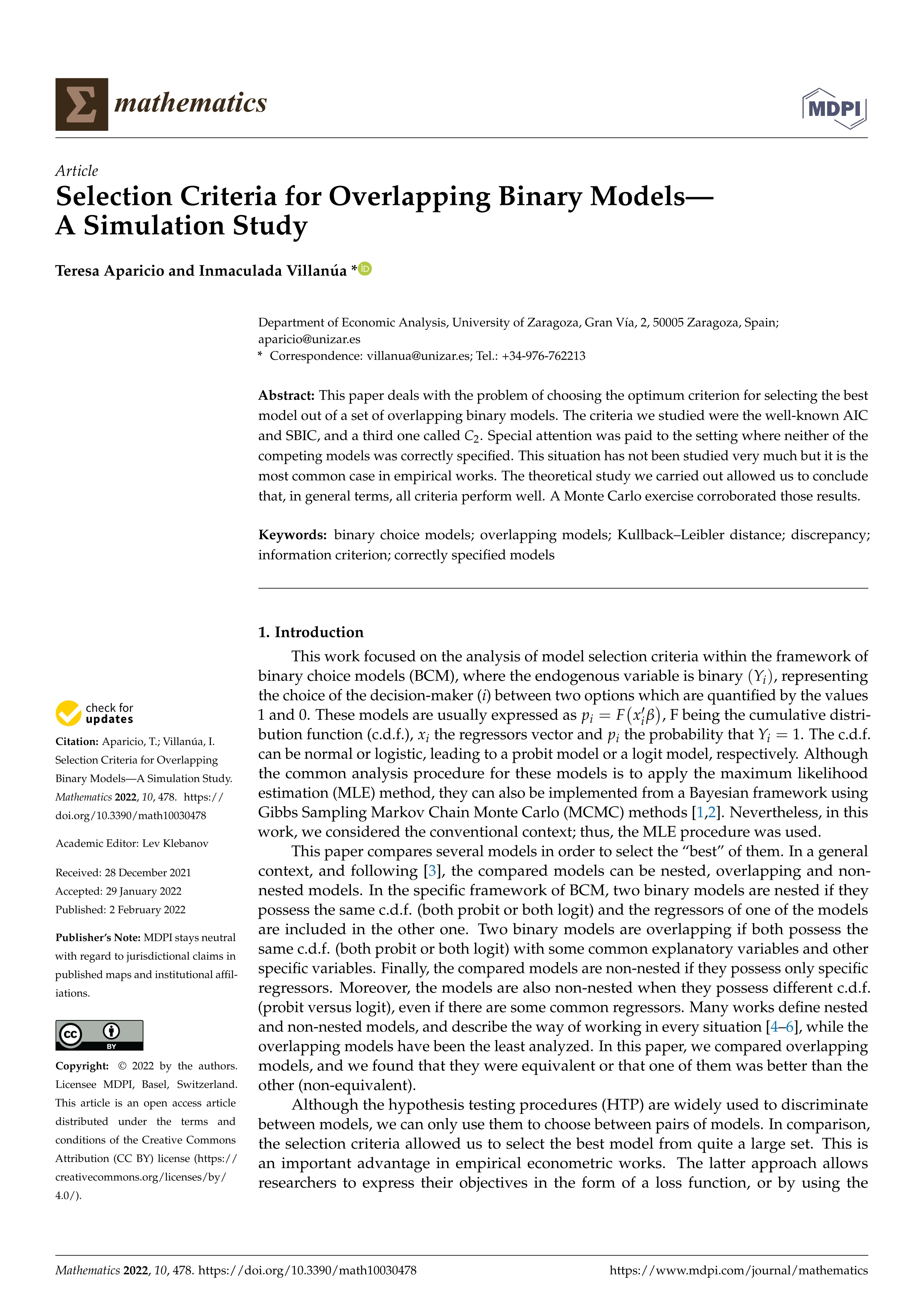 Selection criteria for overlapping binary models-a simulation study