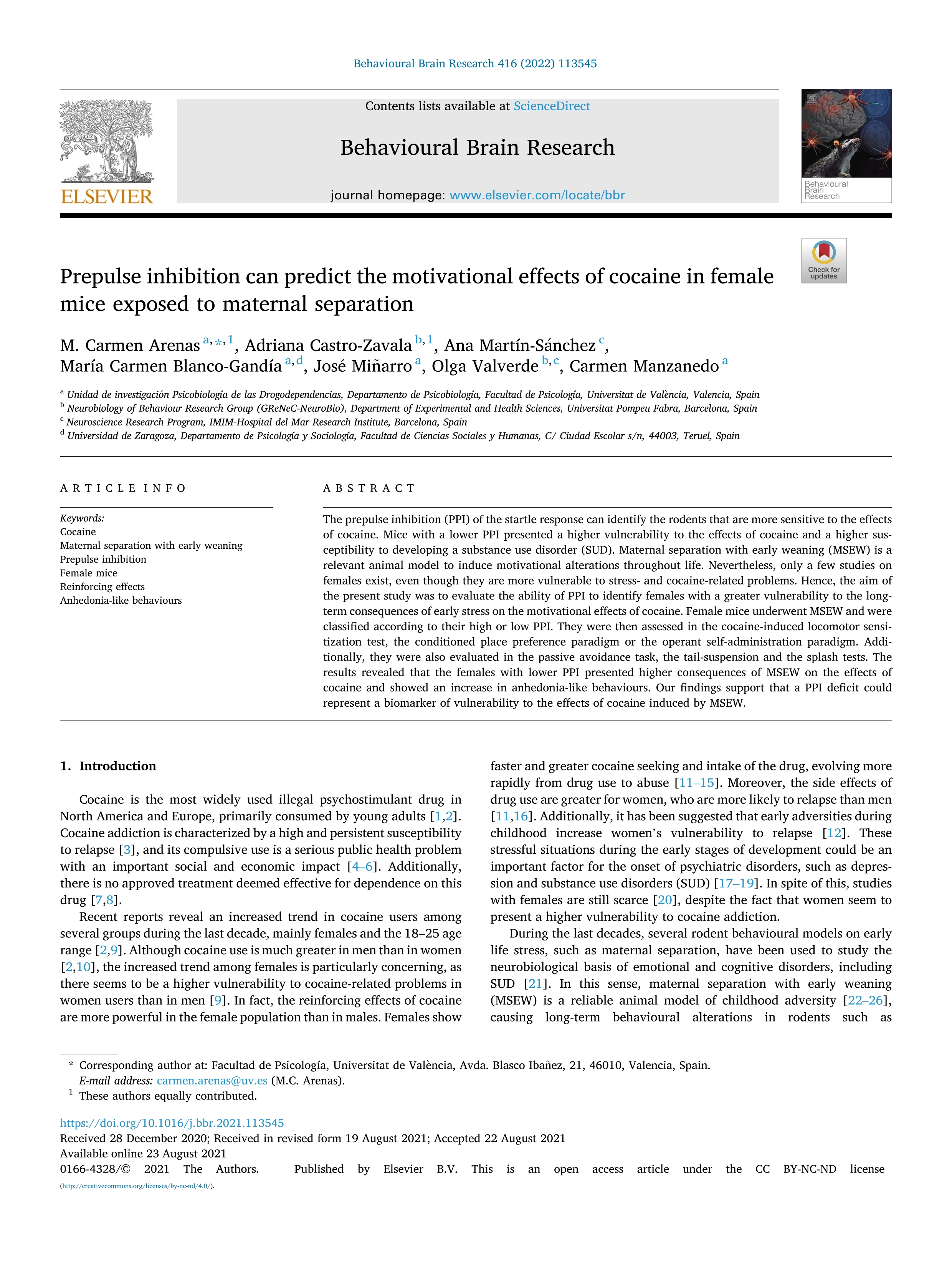 Prepulse inhibition can predict the motivational effects of cocaine in female mice exposed to maternal separation