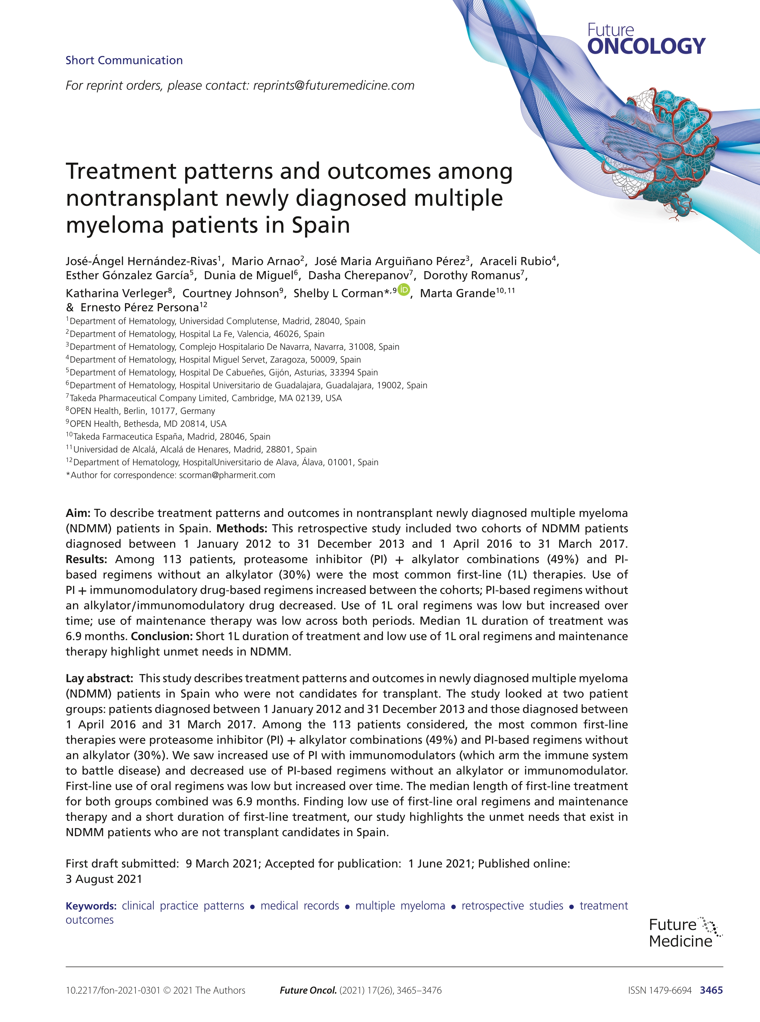 Treatment patterns and outcomes among nontransplant newly diagnosed multiple myeloma patients in Spain