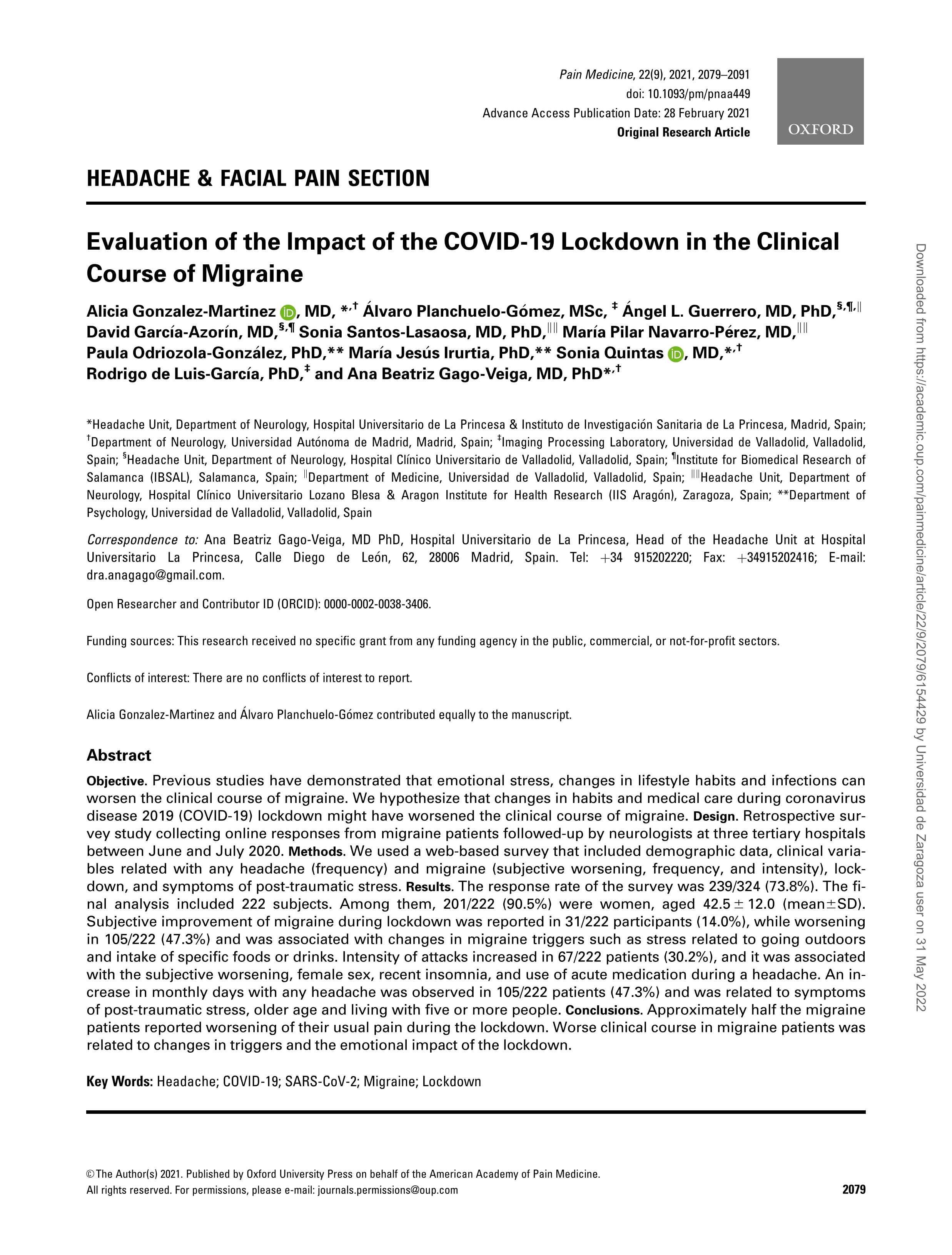 Evaluation of the Impact of the COVID-19 Lockdown in the Clinical Course of Migraine