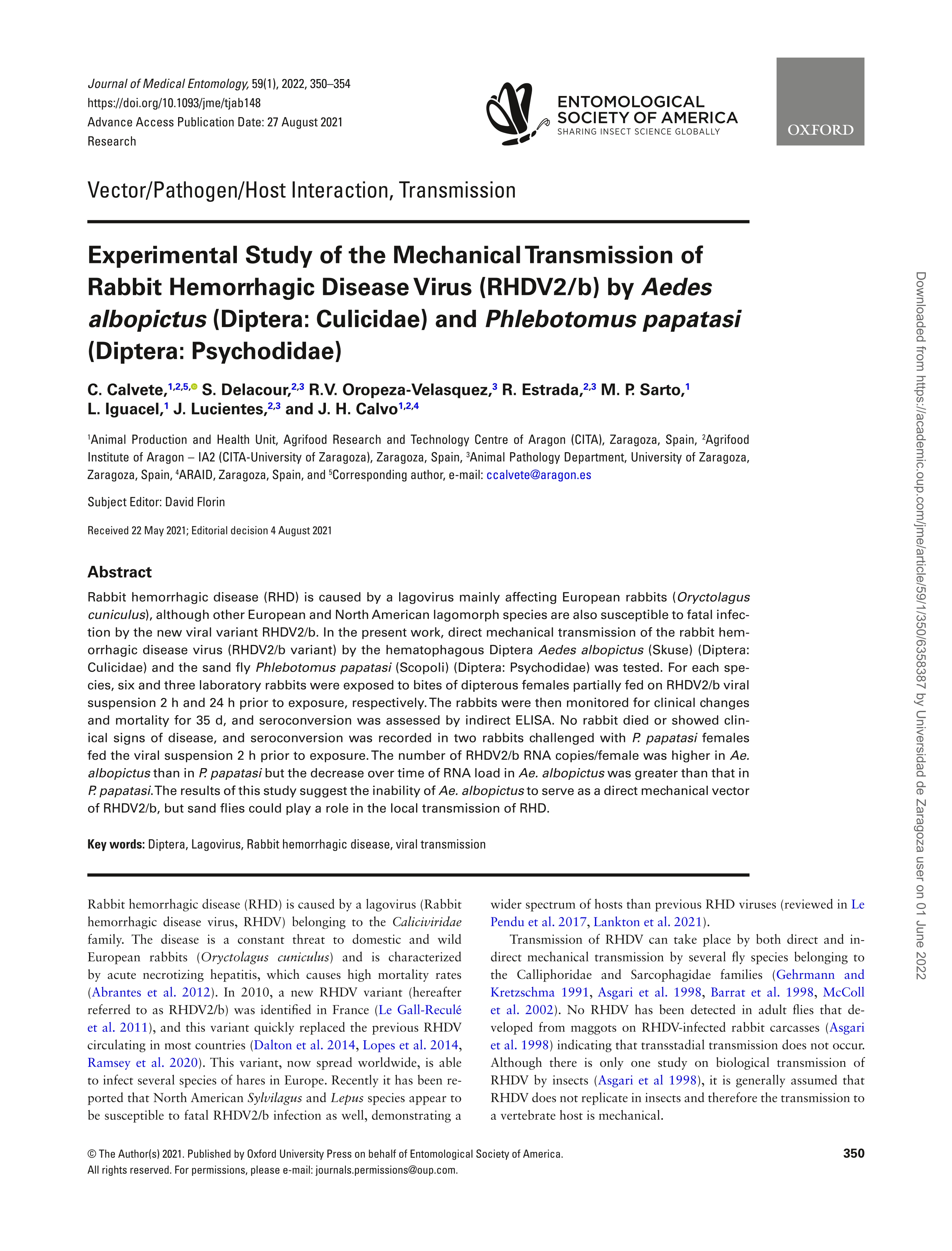 Experimental study of the mechanical transmission of rabbit hemorrhagic disease virus (RHDV2/b) by Aedes Albopictus (Diptera: Clicidae) and Phlebotomus papatasi (diptera: psychodidae); 34447999