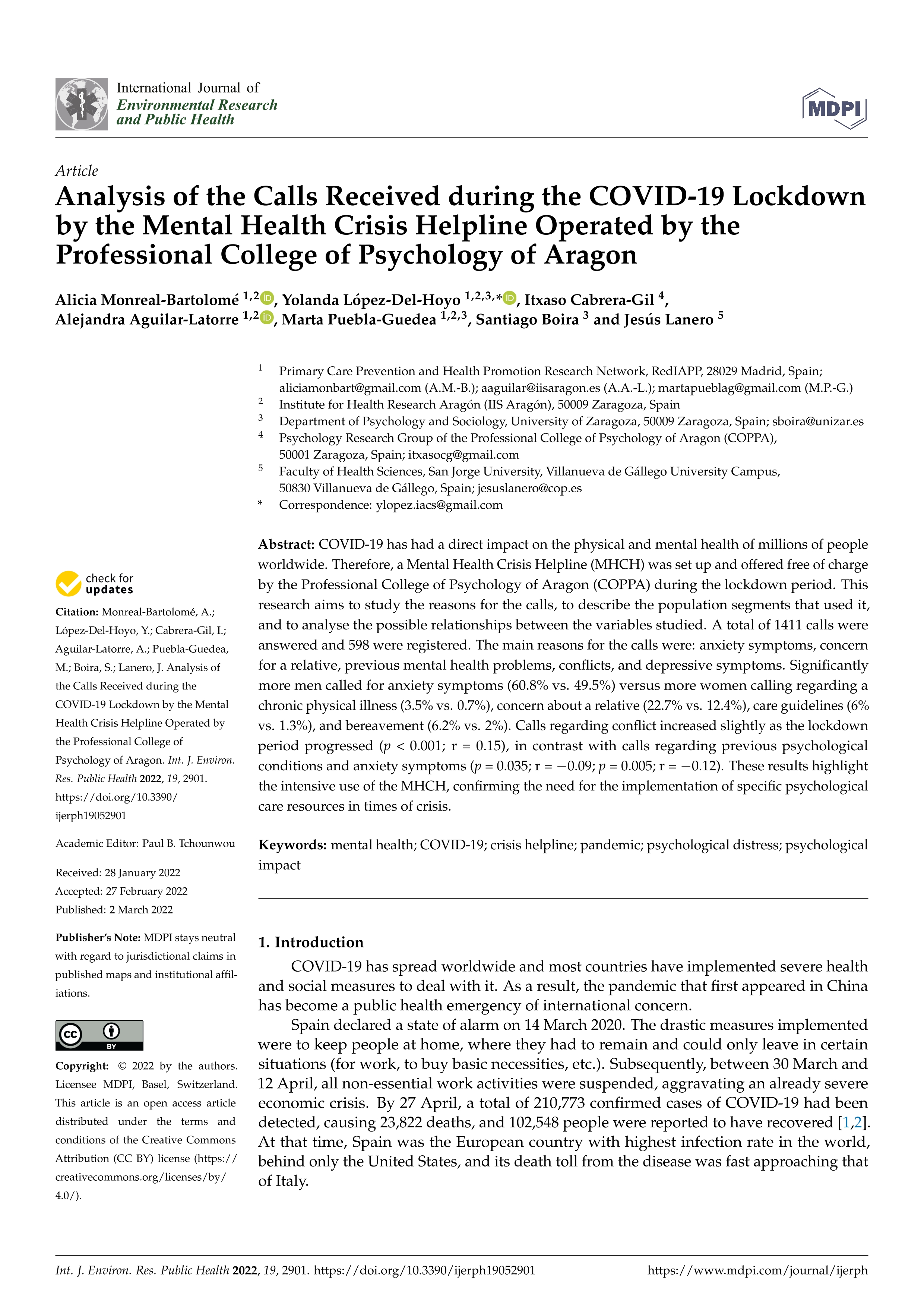 Analysis of the Calls Received during the COVID-19 Lockdown by the Mental Health Crisis Helpline Operated by the Professional College of Psychology of Aragon