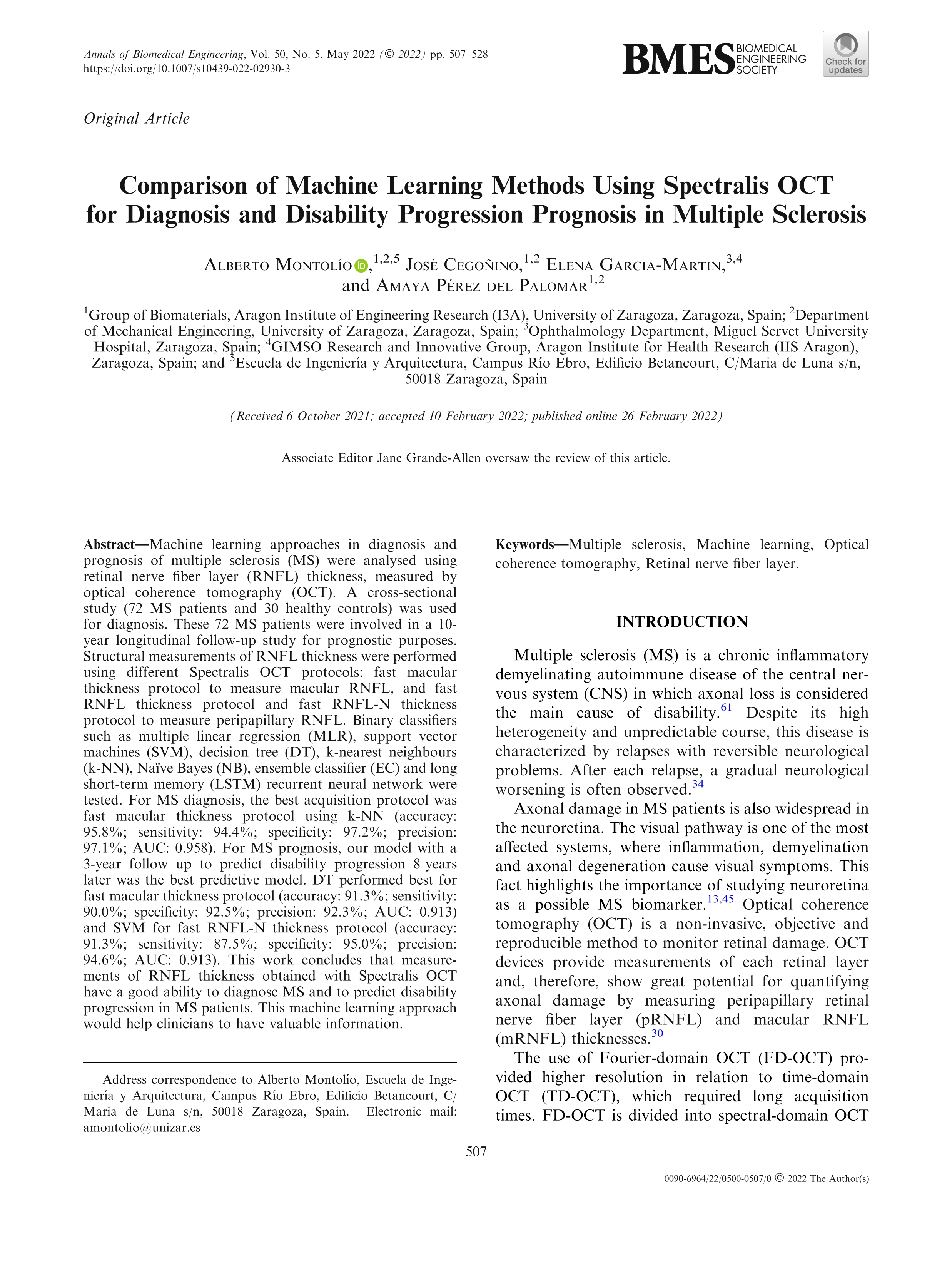 Comparison of Machine Learning Methods Using Spectralis OCT for Diagnosis and Disability Progression Prognosis in Multiple Sclerosis