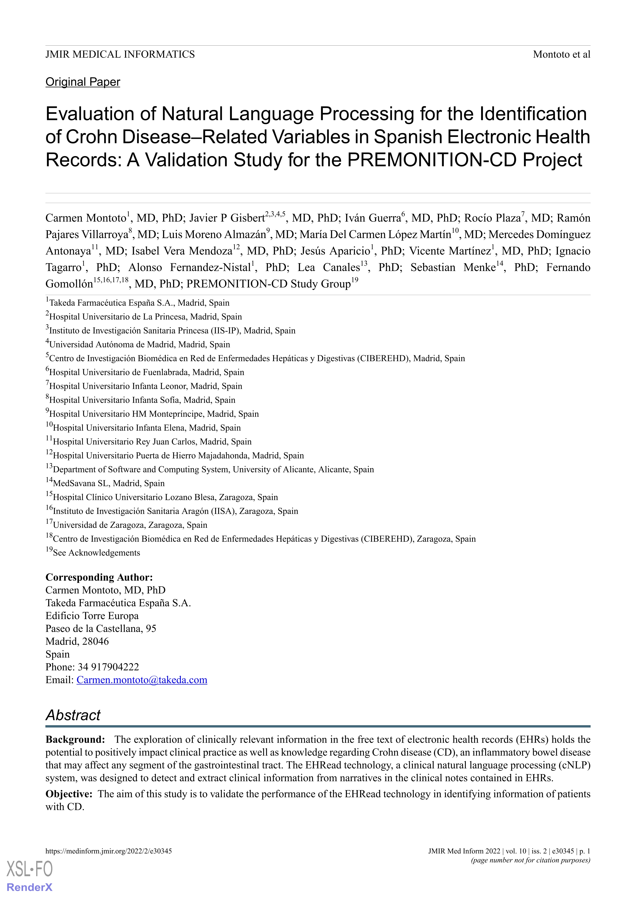 Evaluation of Natural Language Processing for the Identification of Crohn Disease-Related Variables in Spanish Electronic Health Records:A Validation Study for the PREMONITION-CD Project