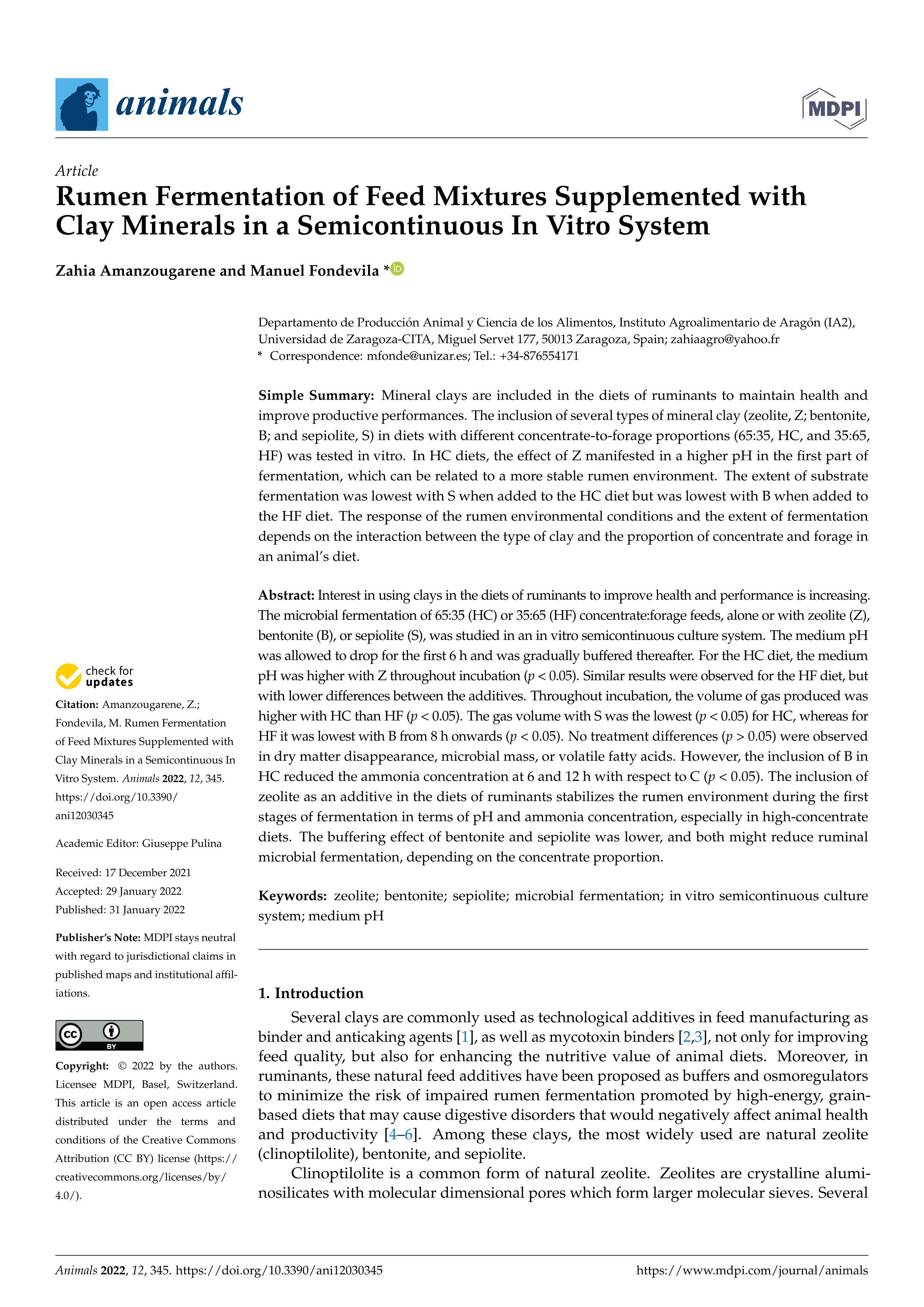 Rumen Fermentation of Feed Mixtures Supplemented with Clay Minerals in a Semicontinuous In Vitro System