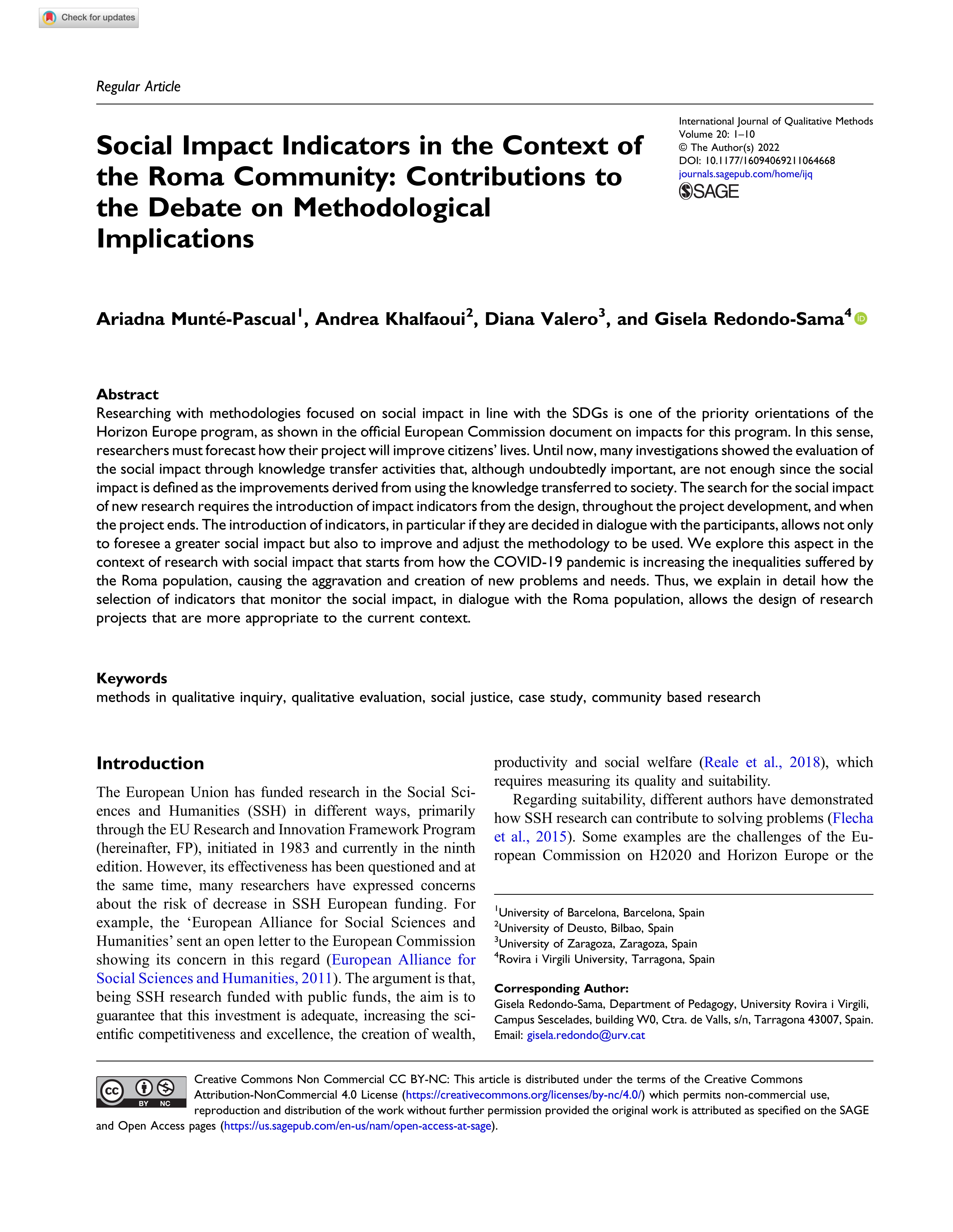 Social Impact Indicators in the Context of the Roma Community: Contributions to the Debate on Methodological Implications