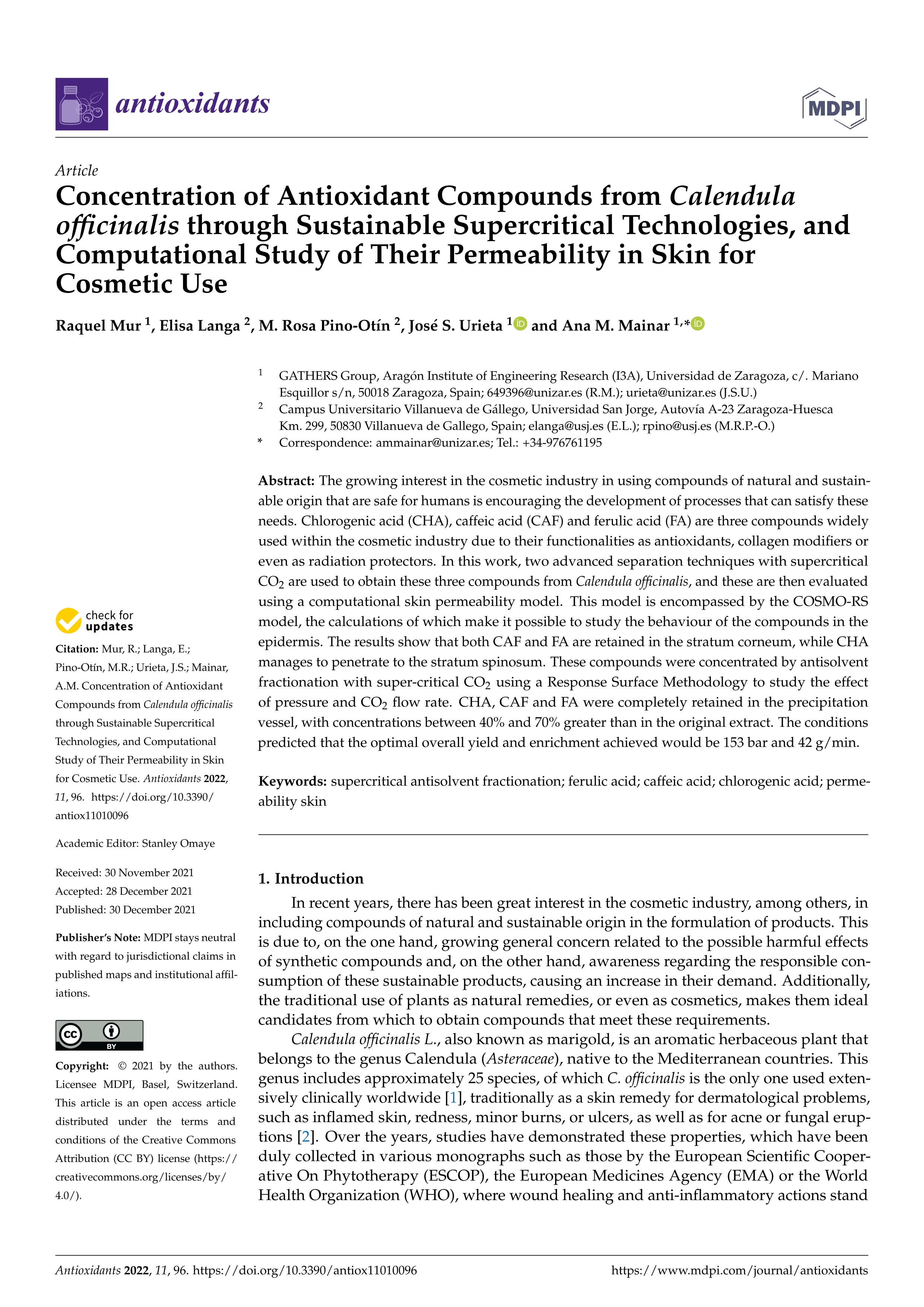 Concentration of antioxidant compounds from calendula officinalis through sustainable supercritical technologies, and computational study of their permeability in skin for cosmetic use