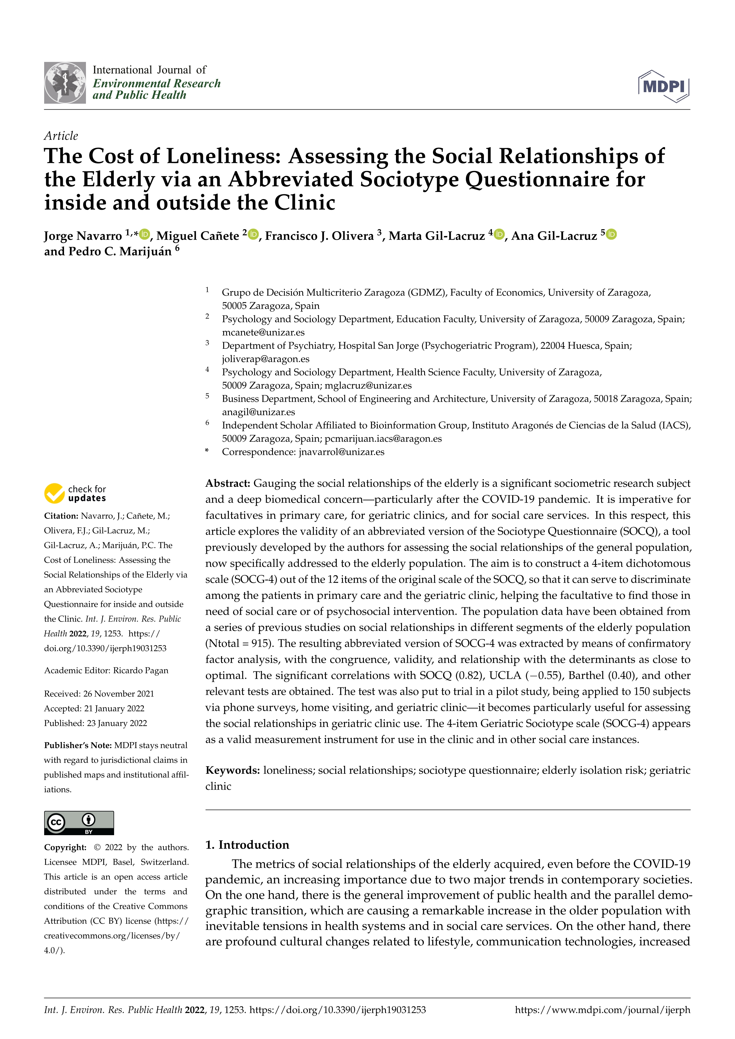 The Cost of Loneliness: Assessing the Social Relationships of the Elderly via an Abbreviated Sociotype Questionnaire for inside and outside the Clinic