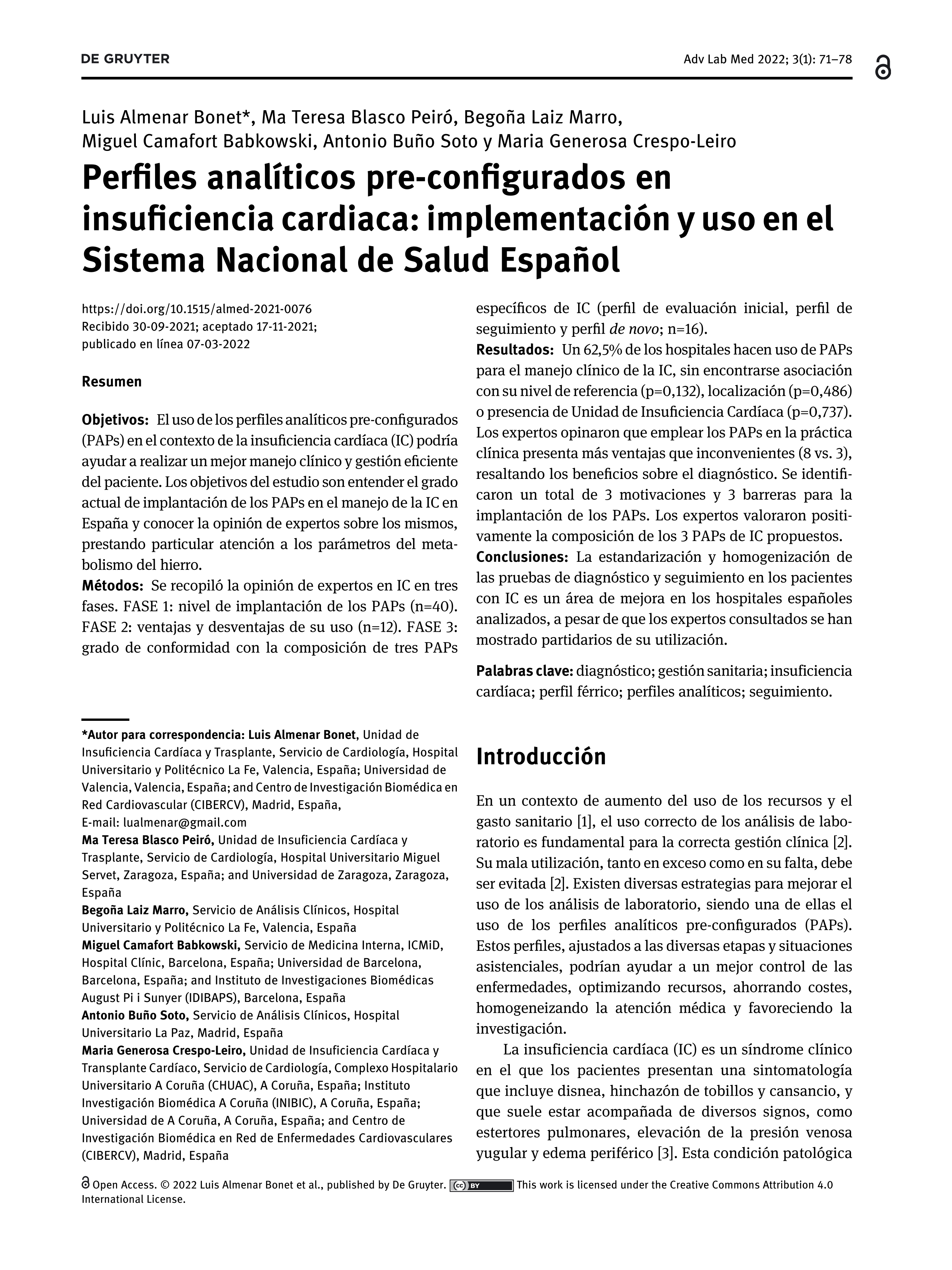 Perfiles analíticos pre-configurados en insuficiencia cardiaca: implementación y uso en el Sistema Nacional de Salud Español