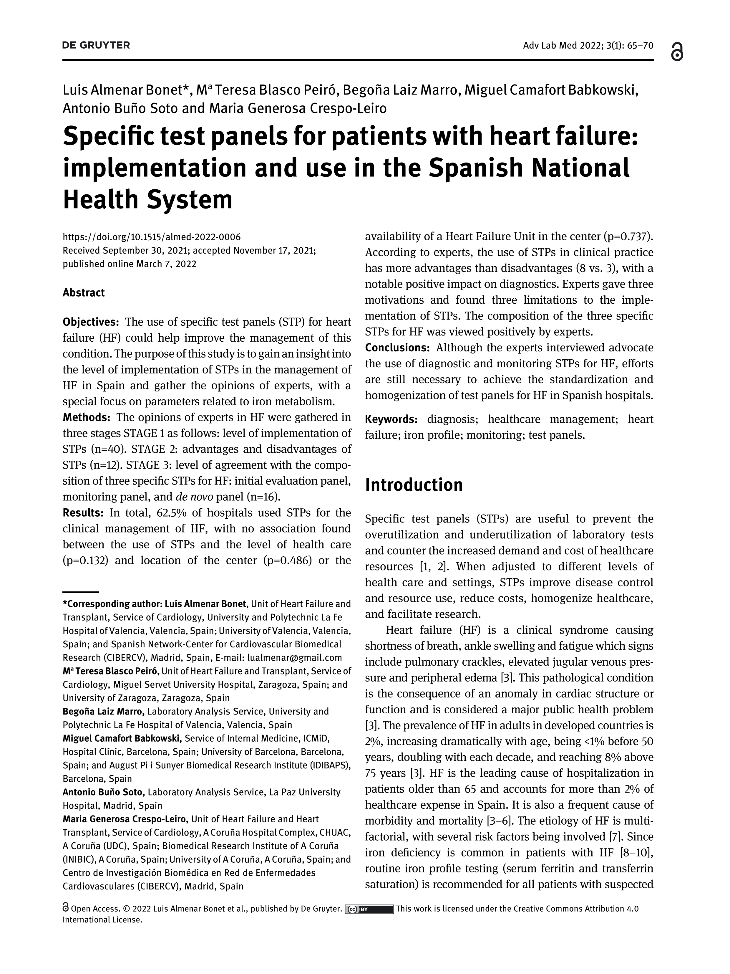 Specific test panels for patients with heart failure: implementation and use in the Spanish National Health System