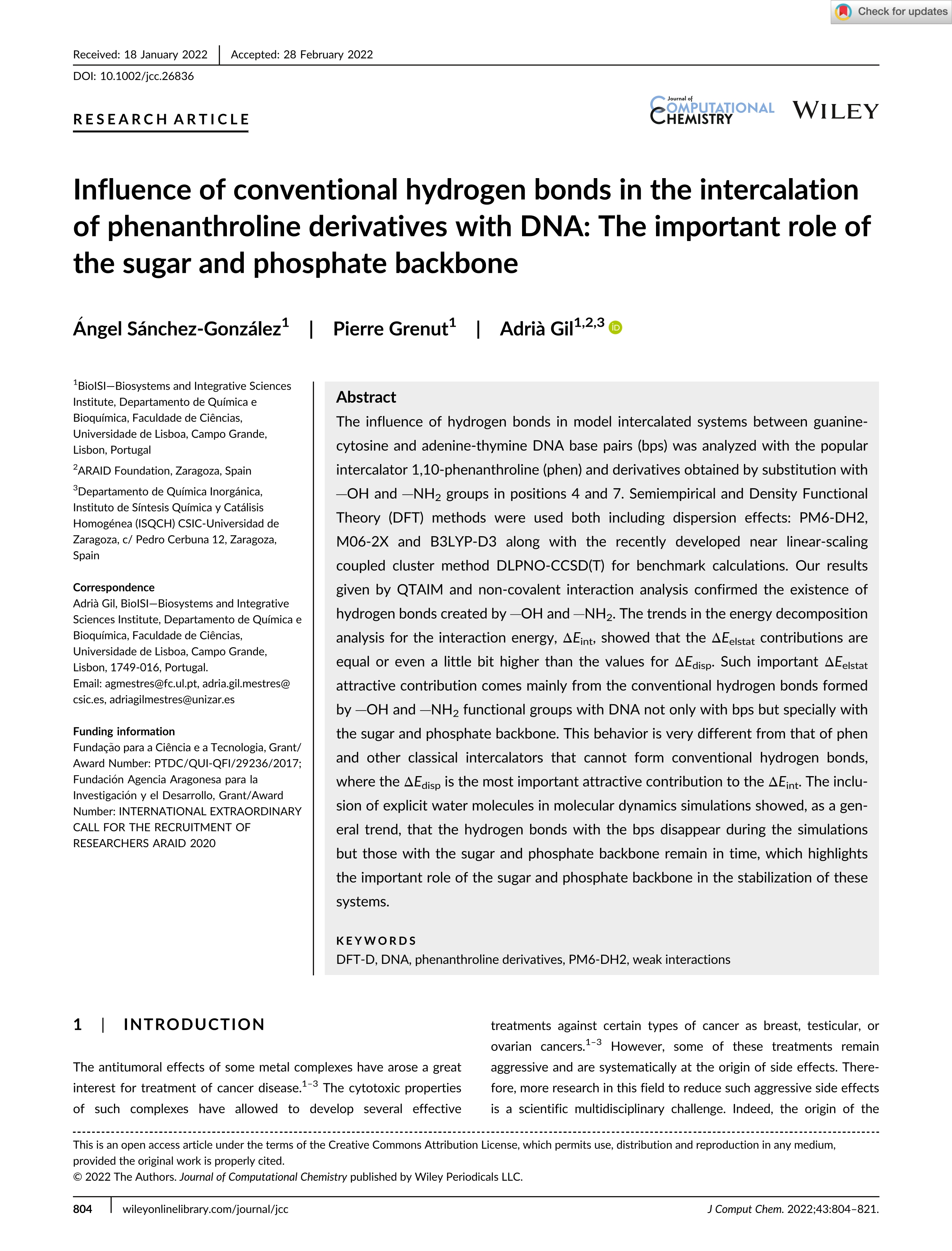 Influence of conventional hydrogen bonds in the intercalation of phenanthroline derivatives with DNA: the important role of the sugar and phosphate backbone